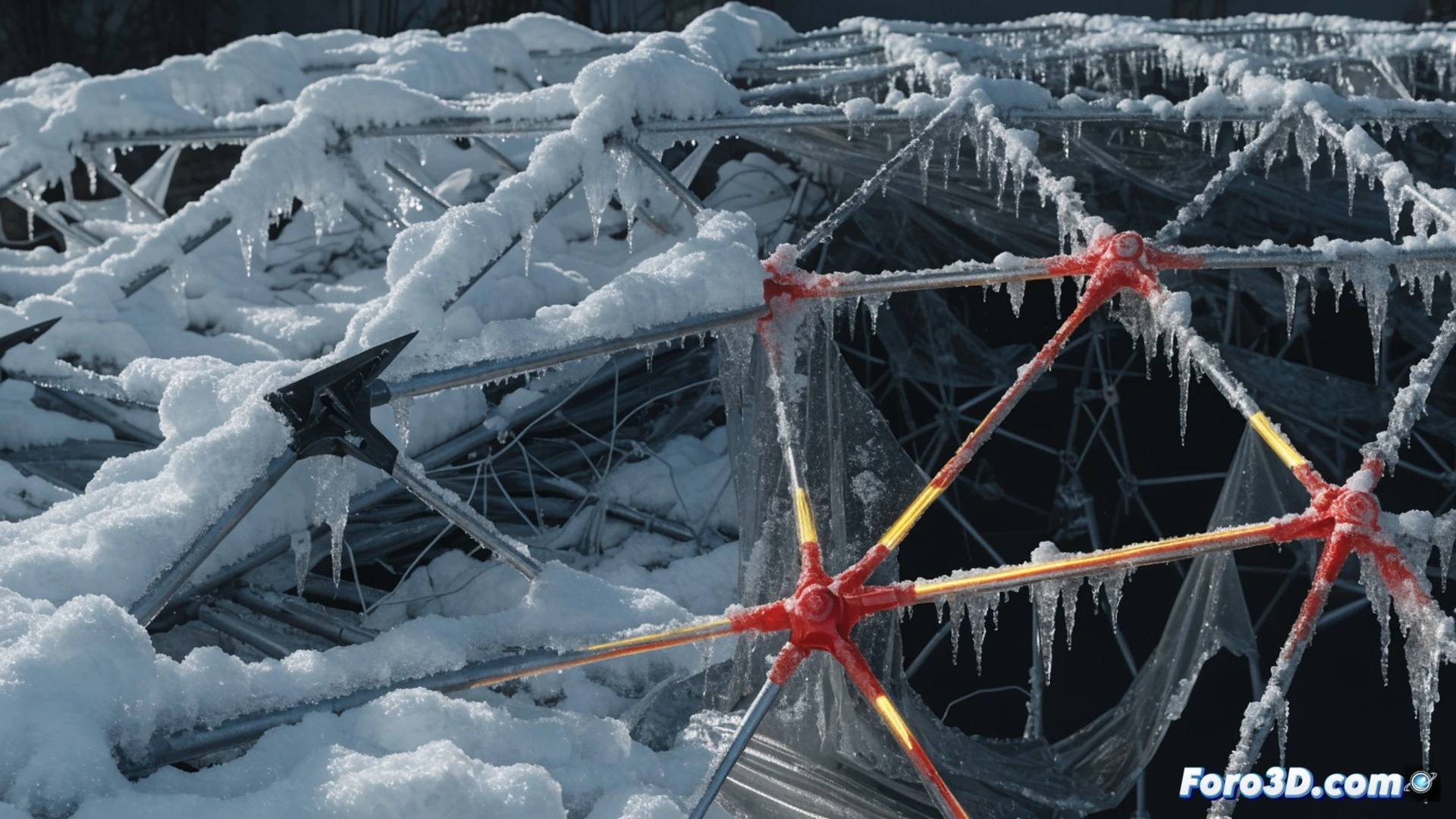 Large botanical greenhouse roof collapse scene, wet heavy snow piled asymmetrically on one side of a space frame structure, steel truss nodes visibly buckling and bending under uneven load, structural failure in progress, roof panels cracking and falling inward, digital twin overlay with glowing red stress lines highlighting collapsed nodes, engineering forensic analysis tools on a nearby table, laptop showing 3D structural model with deformation data, cinematic technical visualization, photorealistic industrial lighting with soft overcast sky, snow-covered ground, scattered debris, ultra-detailed steel connections, realistic material textures, dramatic collapse action frozen mid-event.