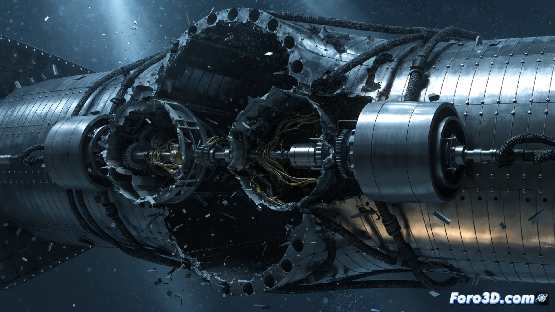 AUV submarine rear bulkhead collapsing under hydrostatic pressure test, seawater flooding into the aft compartment, titanium hull plates buckling inward with visible stress fractures, high-pressure water jets spraying through failing seals, monitoring sensors and pressure gauges showing critical readings, engineering visualization style, cold blue underwater lighting, metallic reflections on damaged components, hyper-detailed mechanical failure, dramatic structural deformation, photorealistic technical render