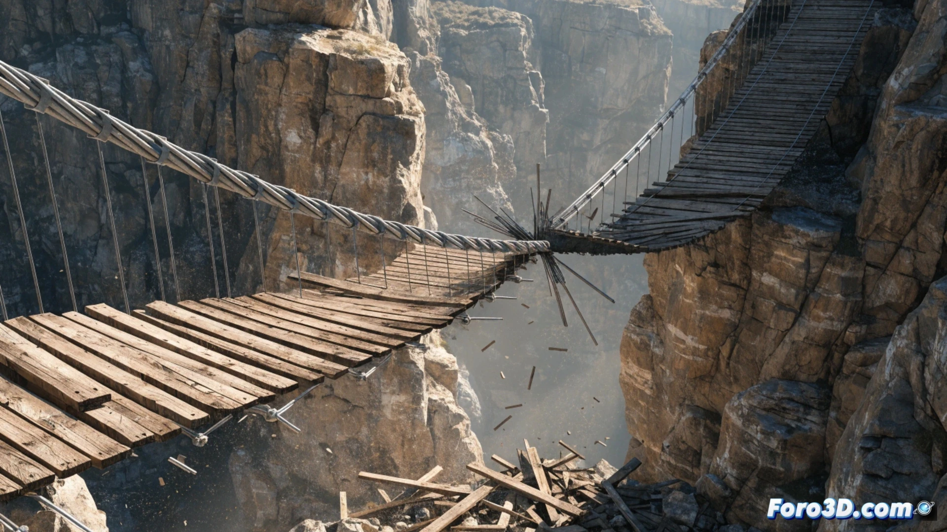 Simulación 3D del colapso de un puente colgante peatonal por fatiga metálica y sobrecarga turística en un cañón