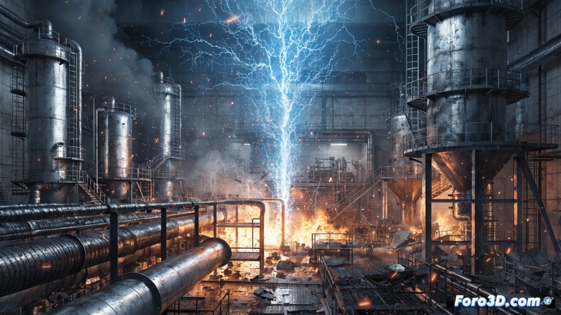 Industrial distillery explosion aftermath, steel framework collapsing in slow motion, blue electrical arc discharge near vent pipe during gas purging process, floating dust particles igniting in chain reaction, 3D wireframe overlay showing structural failure sequence, engineers analyzing holographic model on tablet, twisted metal beams and shattered glass, orange flames consuming ethanol storage tanks, safety valves releasing vapor, photorealistic technical visualization, cinematic lighting with smoke and debris, ultra-detailed mechanical components, engineering simulation aesthetic