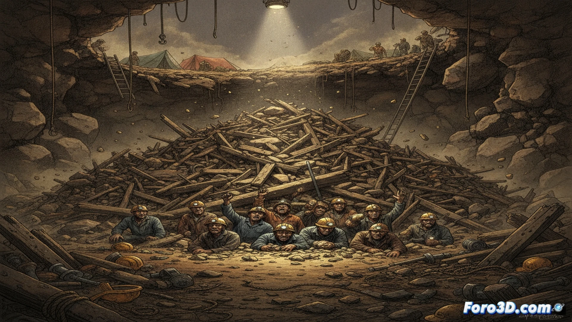 collapsed gold mine entrance showing fractured rock layers and twisted metal support beams, rescue workers in orange helmets using hydraulic jacks and thermal imaging scanners, dust particles suspended in air, emergency lights casting harsh shadows, exposed electrical cables and broken ventilation ducts, cinematic photorealistic engineering visualization, dramatic rescue operation scene, ultra-detailed mining equipment, debris piles with scattered tools, realistic industrial disaster atmosphere