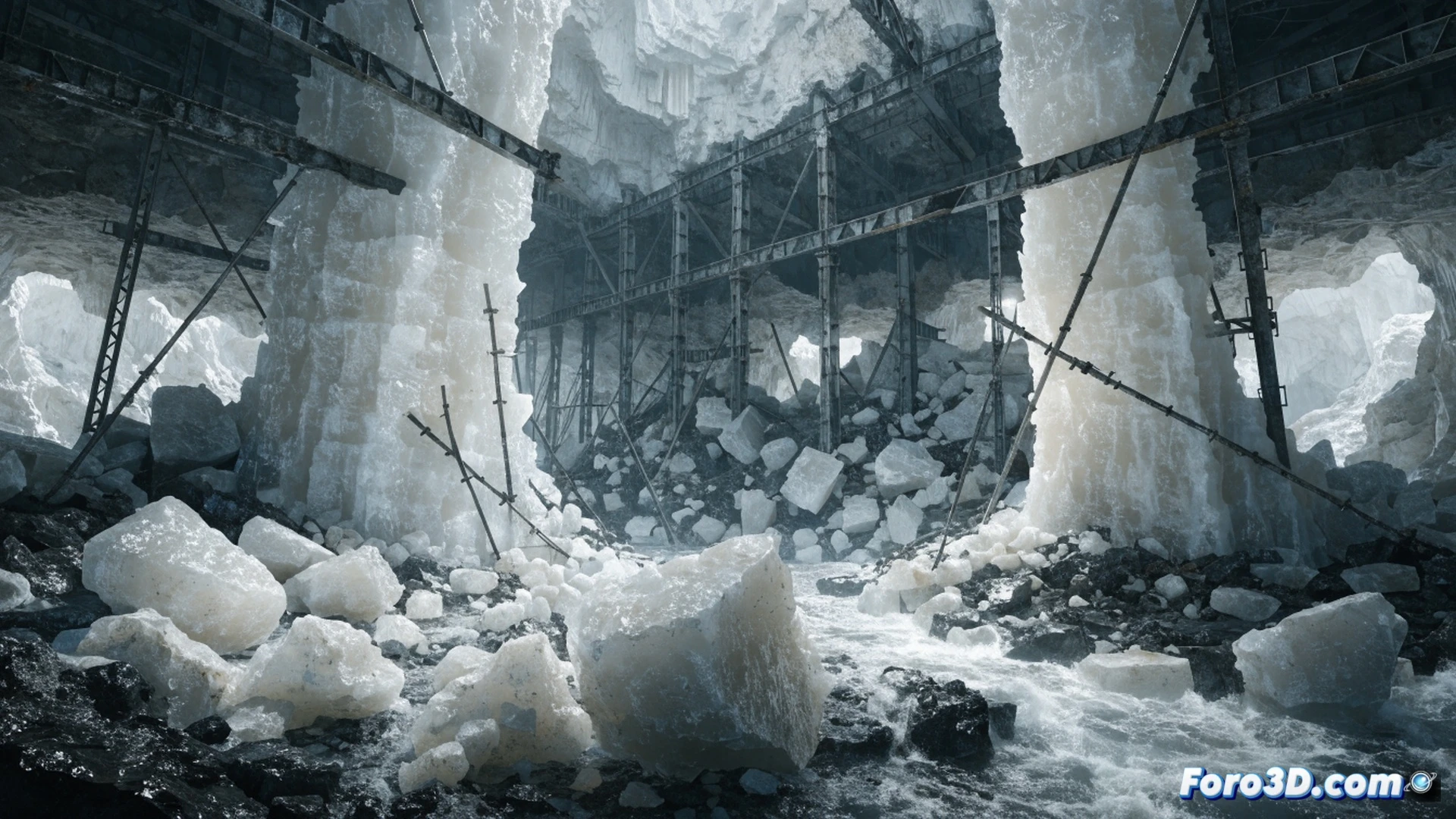 underground salt mine collapse scene, massive pillar dissolving from uncontrolled water infiltration, water streams eroding salt walls, cracked structural pillars crumbling, automated mining machinery half-buried in rubble, broken conveyor belts and scattered rock debris, water dripping from fractured ceiling, emergency warning lights flashing, dust and mist filling the cavern, engineering visualization style, dramatic chiaroscuro lighting, photorealistic textures on salt crystals and wet rock, ultra-detailed geological fracture lines, cinematic wide-angle shot showing scale of destruction