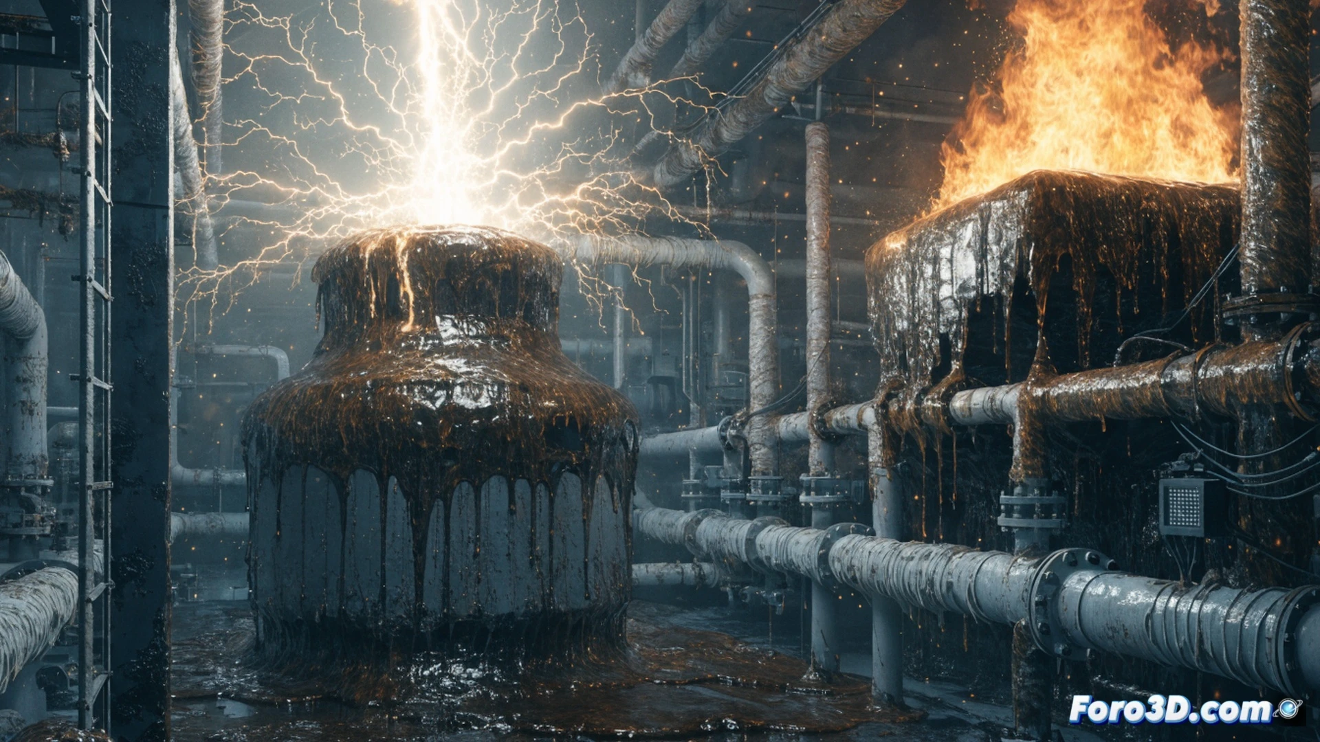Explosive arc flash igniting dense biofuel vapors inside a collapsed distillation column, twisted steel framework and ruptured pipes spewing flames, forensic investigators in hazmat suits using digital tablets and laser scanners to map debris patterns, glowing electrical fault lines visible on a floating holographic reconstruction, cinematic engineering visualization, dark smoke billowing, orange fire reflections on wet concrete, ultra-detailed industrial wreckage, photorealistic technical render