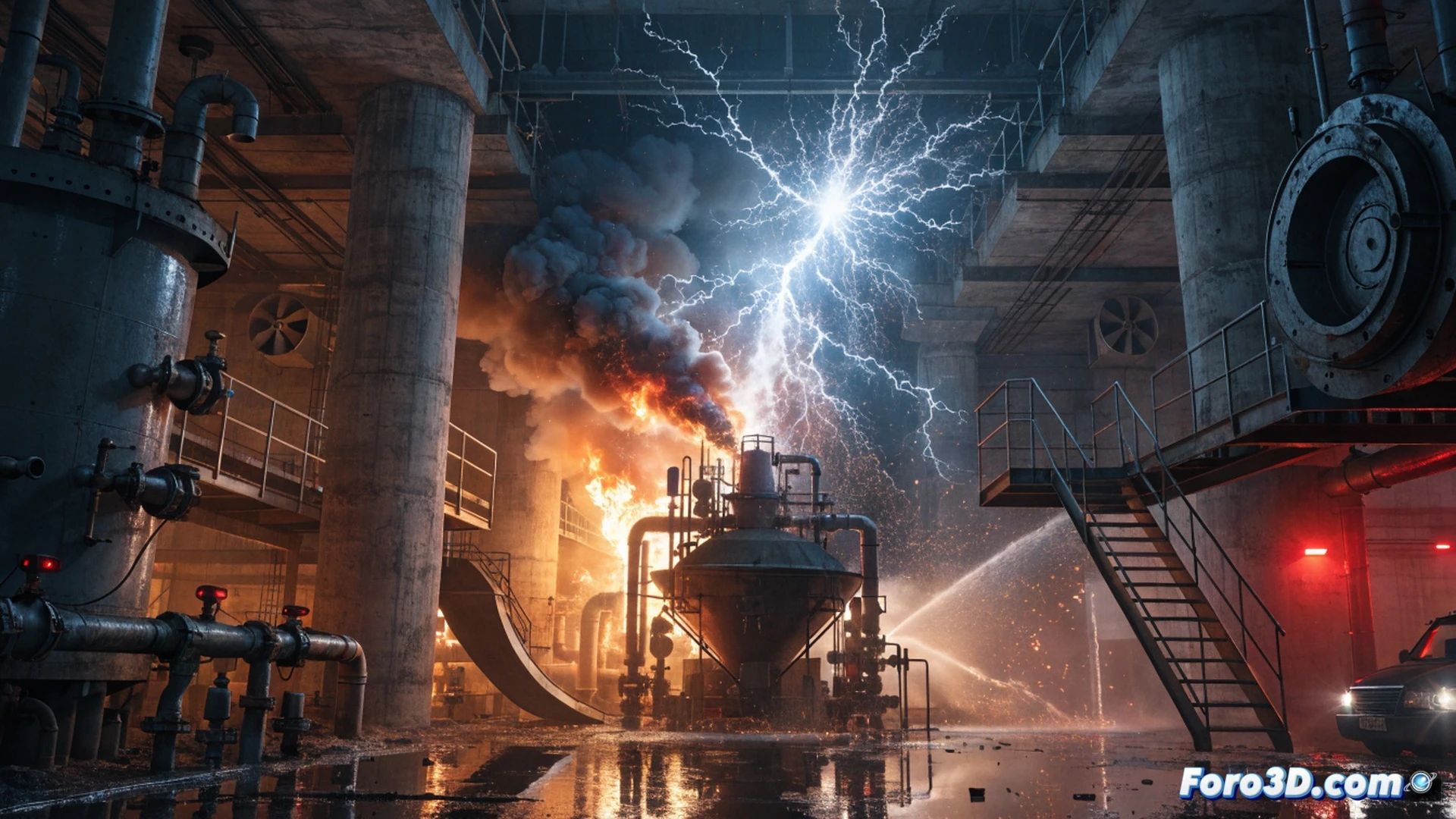 industrial biogas plant explosion scene, electrical arc flash igniting methane enrichment unit, burning gas pipes with intense orange flames, thick black smoke rising, emergency sprinklers activating with water spray, damaged metal tanks and twisted steel beams, warning lights flashing red, control room in background with alarm panels and monitoring screens showing pressure spikes, fire extinguishing foam being deployed, photorealistic technical visualization, dramatic cinematic lighting with fire glow and smoke shadows, ultra-detailed industrial equipment, sparks and debris flying from electrical fault, realistic fire dynamics and smoke simulation, engineering disaster documentation style