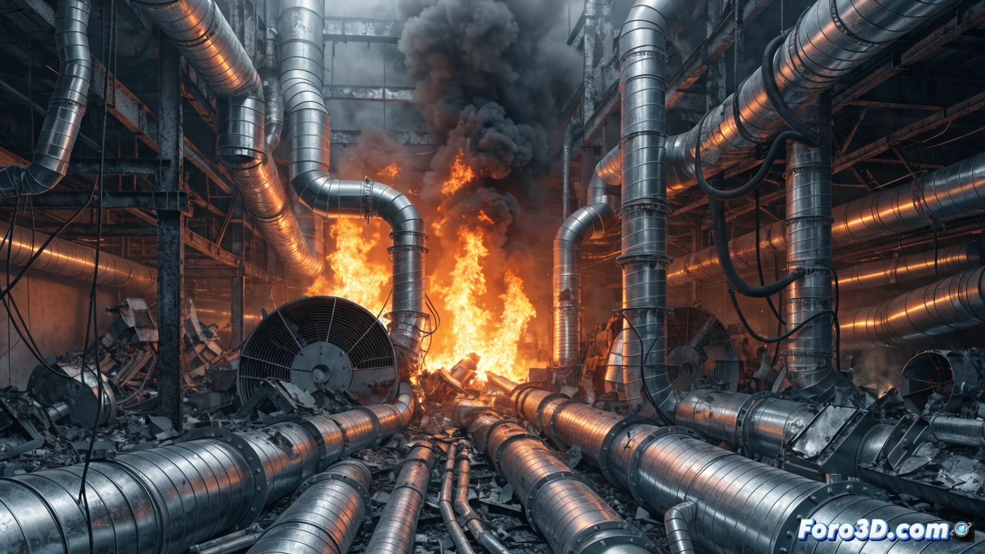 industrial battery recycling plant interior, ventilation ducts on fire with lithium flames spreading through air extraction system, structural collapse showing twisted metal beams and fallen ceiling panels, firefighters in hazmat suits spraying foam suppressant while toxic greenish smoke rises, damaged lithium battery piles on conveyor belt glowing with intense heat, technical engineering visualization, dramatic emergency lighting with orange flames contrasting dark industrial shadows, sparks and debris flying during the firefighting process, realistic smoke particle effects, ultra-detailed mechanical ventilation components and ductwork, photorealistic cinematic render