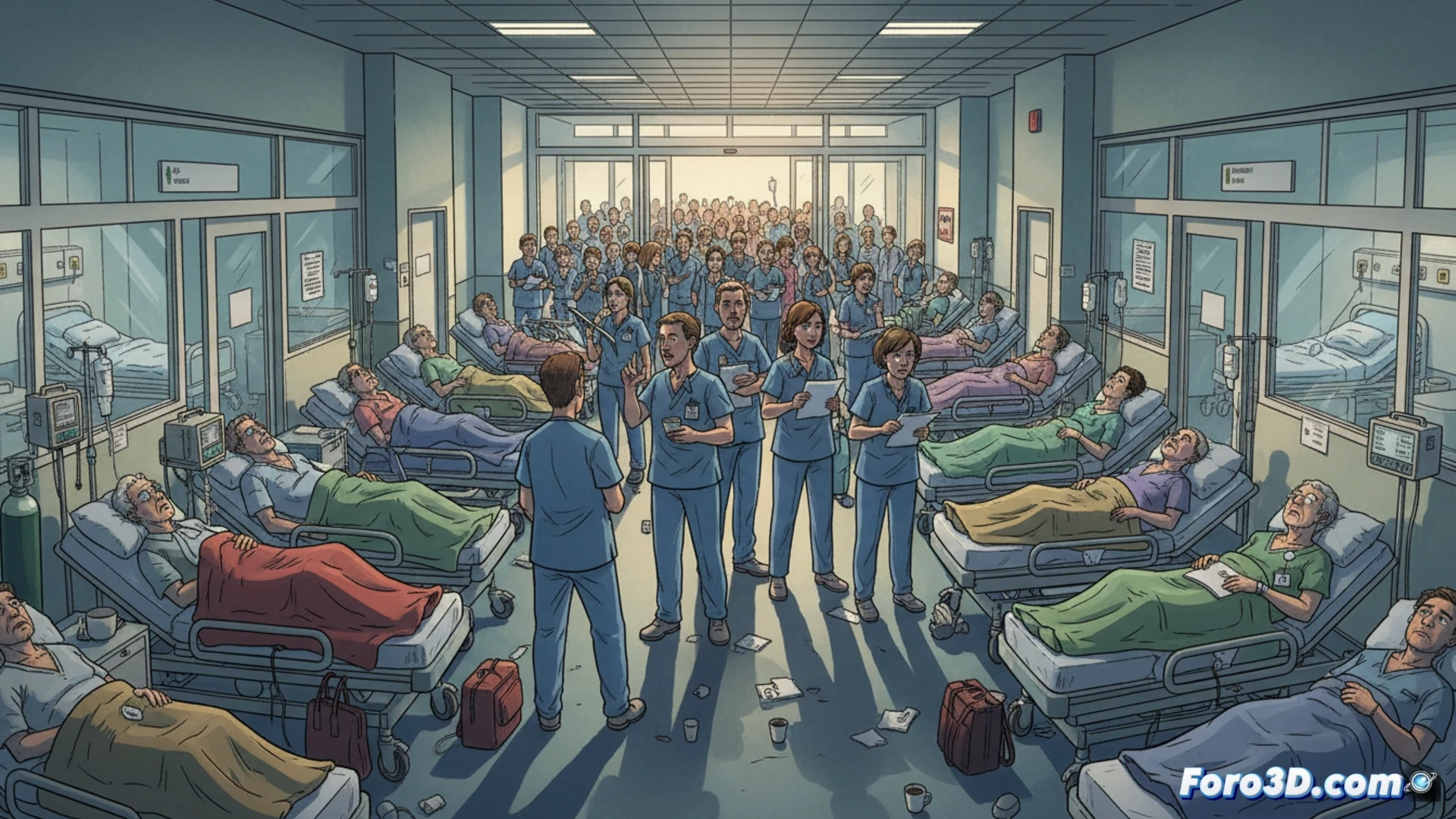 hospital corridor overcrowding scene, 26 patient stretchers lining both sides of a narrow hallway, medical staff in scrubs moving urgently between beds, 38 digital bed-occupancy monitors on walls showing red full status, nurses checking vital signs on portable monitors while paramedics wait with new arrivals, closed patient room doors with warning lights, abandoned wheelchairs and oxygen tanks blocking pathways, cinematic photorealistic illustration, cold fluorescent lighting casting harsh shadows, exhausted healthcare workers visible, cluttered medical carts and IV poles, tension and urgency in body language, technical medical environment detail, realistic hospital architecture, dramatic saturation emphasizing sterile white walls against red alert indicators