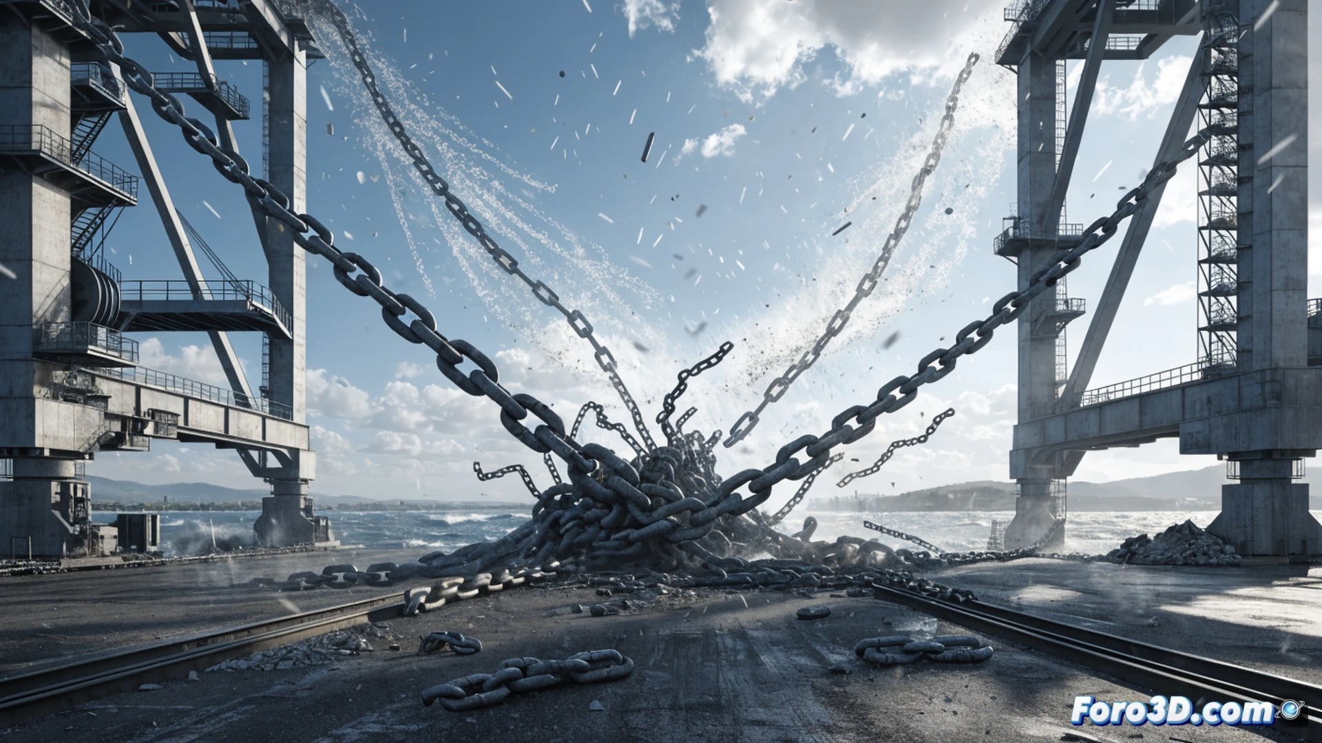 collapsed signal gantry at container terminal, broken anchor bolts with visible fatigue fractures, wind-induced dynamic stress lines shown as glowing red vectors around the fractured metal, maintenance inspection drone hovering nearby with scanning laser beam, cracked concrete foundation base, twisted steel beams, scattered debris on the ground, stormy sky with dark clouds, dramatic industrial lighting, ultra-detailed mechanical failure surfaces, photorealistic engineering visualization, cinematic angle from ground level showing structural collapse sequence