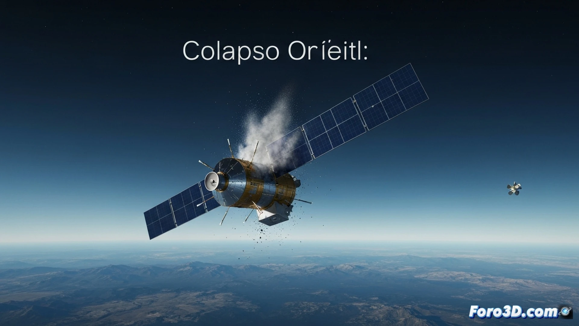 Satélite de comunicaciones desintegrándose en la atmósfera superior, fragmentos incandescentes separándose mientras la estructura central se deforma por el calor, trayectorias de escombros marcadas con líneas de humo y plasma, océano Pacífico Sur al fondo con luz de amanecer, paneles solares desprendiéndose y girando, restos metálicos brillando al quemarse, visualización técnica fotorrealista, estilo cinematográfico de documental espacial, iluminación dramática con tonos naranjas y azules, alta definición en texturas de materiales compuestos y electrónica expuesta, mostrando el proceso de ruptura orbital catastrófica.