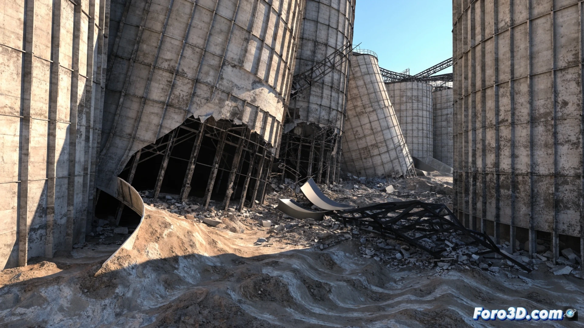 industrial silo complex on soft soil foundation, concrete base tilting unevenly while steel grain storage tanks lean at dangerous angles, ground cracking and sinking beneath the structure, automated conveyor belts twisted and disconnected from loading arms, digital 3D reconstruction software interface showing point cloud mesh of the site on a tablet held by an engineer in hi-vis vest, Plaxis 3D simulation graphs displayed on a nearby monitor demonstrating soil settlement contours and stress distribution, dramatic stormy sky with dark clouds, cinematic engineering visualization, photorealistic materials, wet muddy terrain reflecting emergency floodlights, sharp shadows and deep contrast, technical illustration style with structural failure emphasis