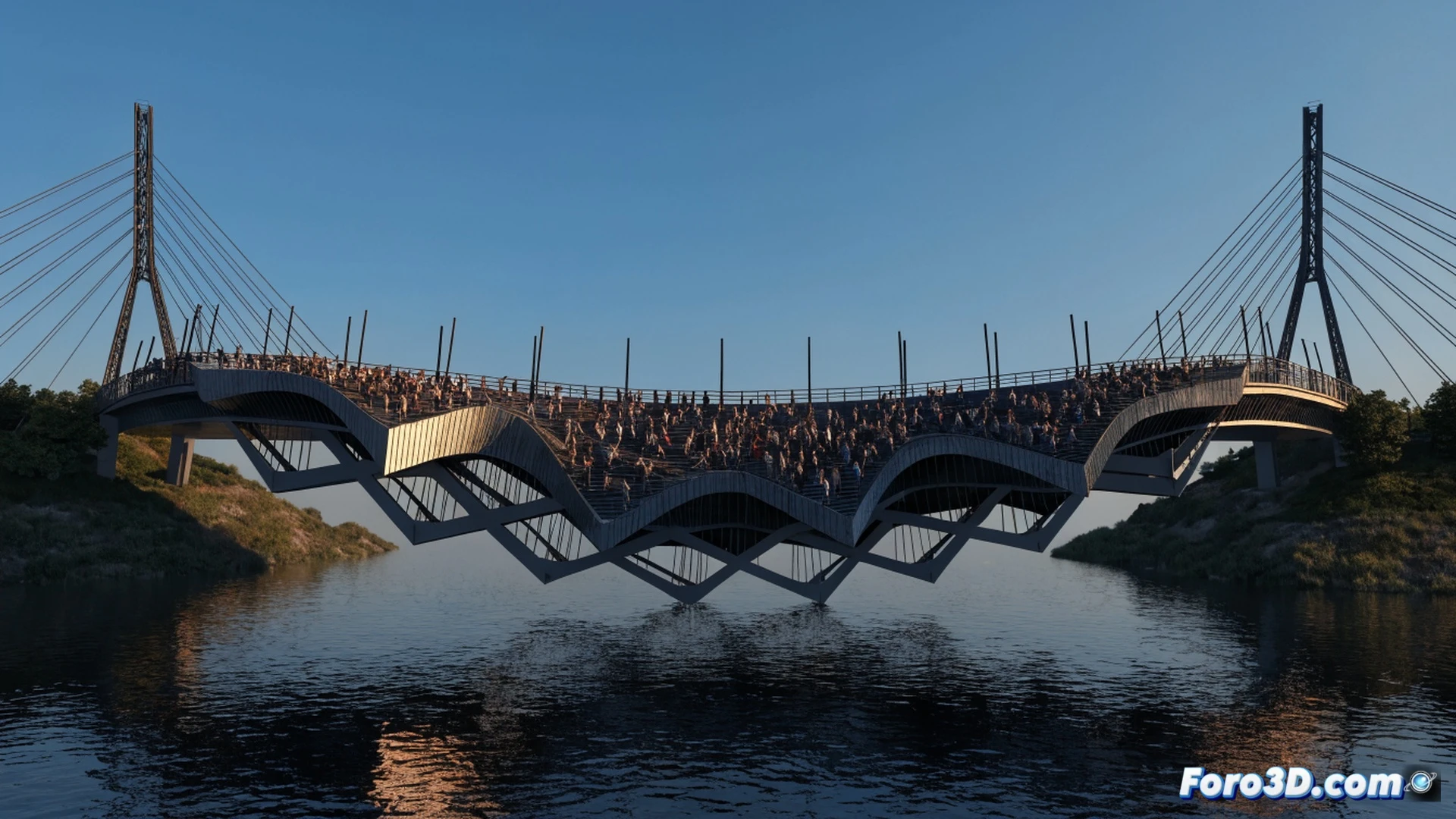 Technical illustration of a lightweight alloy footbridge mid-collapse, pedestrians in mid-step causing resonant oscillations, bridge deck visibly bending and twisting under synchronized footfall, structural engineers analyzing real-time vibration data on laptops nearby, 3D reconstruction software interface visible on screens showing wireframe deformation, dynamic load arrows and frequency wave diagrams overlaid on the scene, glowing red stress concentration zones on bridge joints, cinematic engineering visualization, photorealistic materials, dramatic dusk lighting with metallic reflections, ultra-detailed structural components