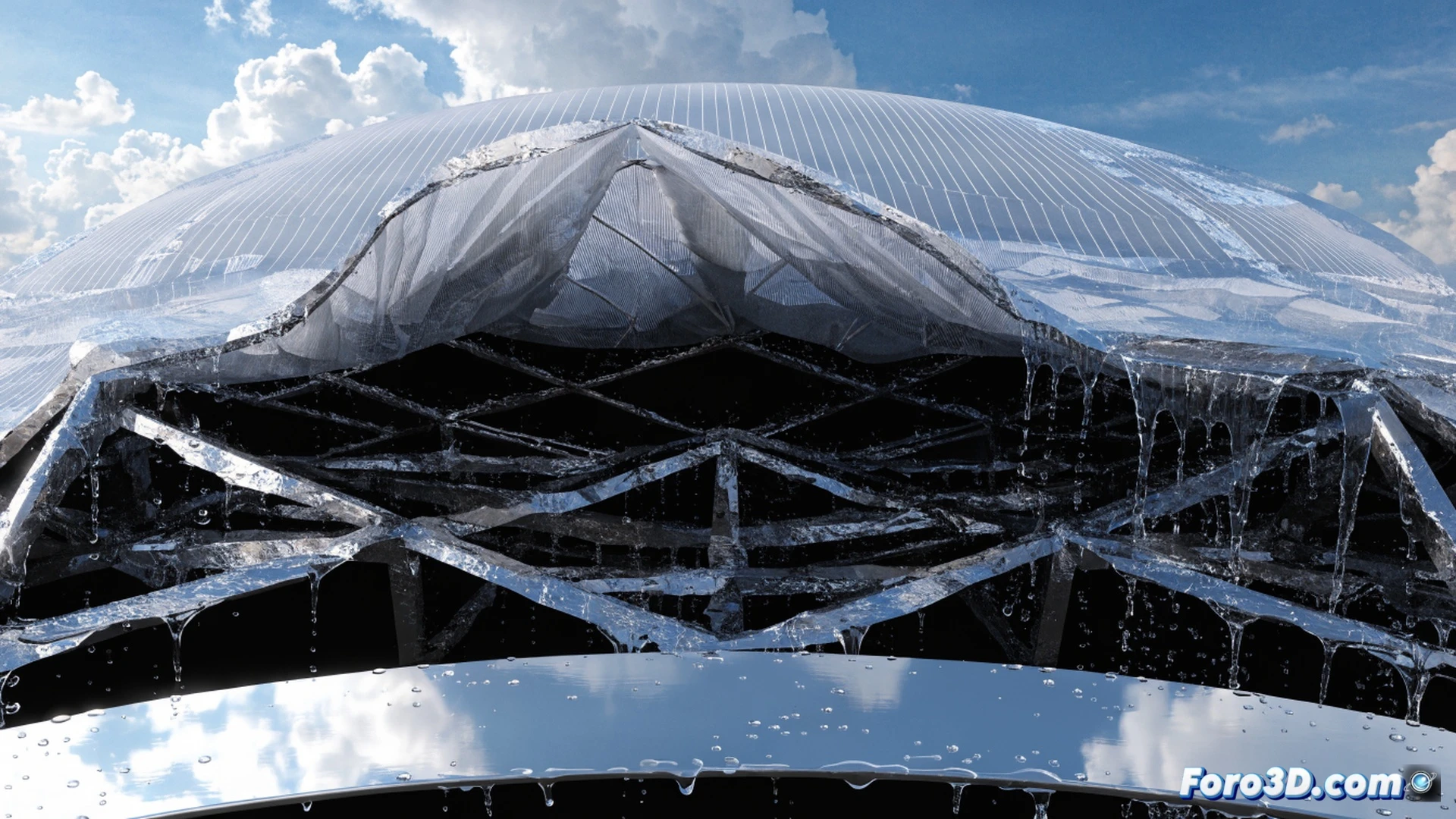technical illustration of a large sports pavilion with a torn textile roof sagging under uneven rainwater accumulation, structural cables exposed and dripping water, a collapsed drainage pipe visible on one side, engineers in hard hats inspecting the damaged membrane with laser measuring tools and a tablet showing load distribution software, dramatic overcast sky with residual rain streaks, photorealistic engineering visualization, ultra-detailed fabric wrinkles and metal anchors, cinematic lighting emphasizing the asymmetric water pooling