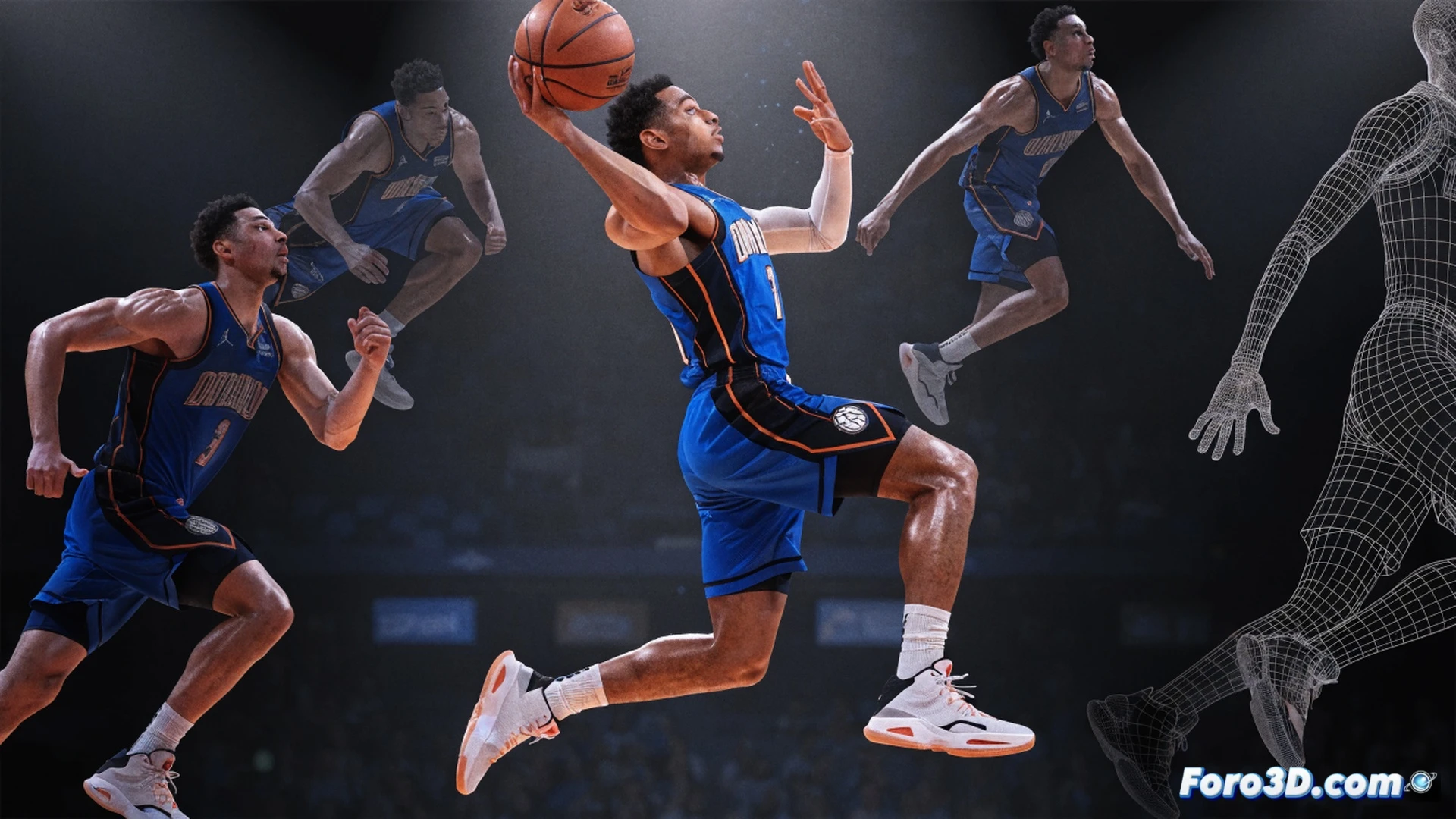 Cole Anthony dribbling past a defender in a pick-and-roll action, explosive first step with left foot driving forward, basketball compressing against the court, muscles tensed during acceleration, opponent sliding laterally off balance, 3D wireframe skeletal overlay highlighting hip rotation and knee torque, motion blur on the ball and jersey, technical biomechanical visualization, glowing blue trajectory lines showing change of rhythm, photorealistic sport science render, dark gym background with spotlights, ultra-detailed muscle striations and sweat particles, cinematic slow-motion effect