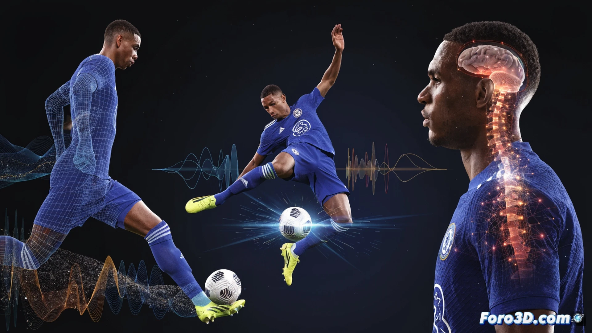 Cole Palmer striking a football with his left foot in a virtual biomechanics lab, motion-capture markers on his leg tracking kinetic chain angles, glowing 3D trajectory lines from foot to goal showing spin and precision, penalty spot with heatmap overlay of placement patterns, tactical vision arrows from his head scanning the pitch, holographic defensive blockers dissolving as he passes, dark studio background with grid floor, cinematic engineering visualization, photorealistic technical render, dramatic rim lighting on athlete and data streams