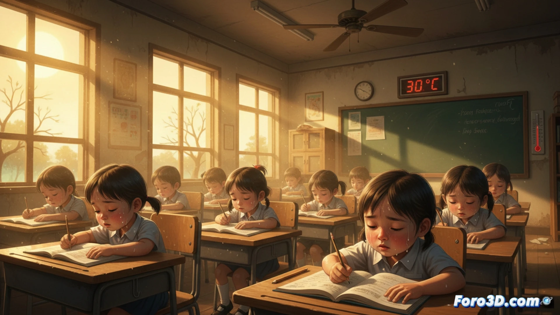 Elementary classroom interior, 27+ degrees Celsius, children visibly sweating and fatigued at desks, a boy wiping his forehead while struggling to focus on a tablet, girl fanning herself with notebook, teacher using infrared thermometer showing high temperature, open windows with no breeze, ceiling fans spinning slowly, sunlight streaming through blinds creating heat haze, photorealistic architectural visualization, cinematic warm color palette, documentary style lighting, hyperrealistic textures of sweat droplets and flushed skin, claustrophobic atmosphere, health hazard warning tone, ultra-detailed educational environment