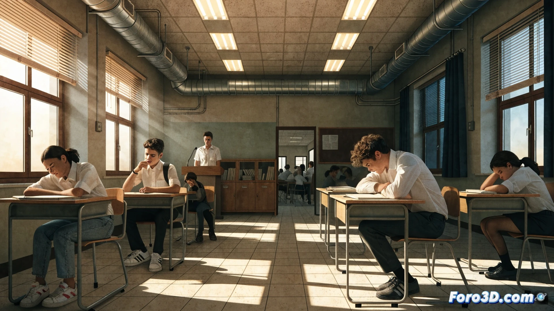 classroom interior in Ciudad Real, students sweating at wooden desks, digital thermometer displaying 27 degrees Celsius, ceiling fan spinning slowly, children fanning themselves with notebooks, teacher wiping forehead while explaining on whiteboard, sunlight streaming through windows creating heat haze, water bottles on desks, slumped postures showing exhaustion, photorealistic architectural visualization, warm amber color palette, dust particles suspended in hot air, realistic fabric textures on uniforms, cinematic depth of field, dramatic summer lighting, ultra-detailed school environment