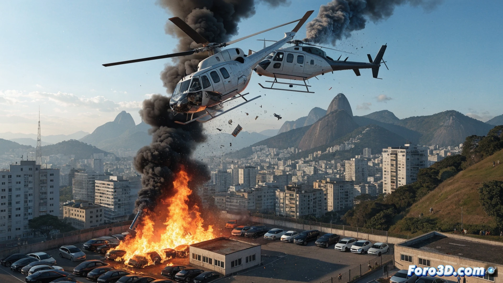 Two helicopters colliding mid-air over Rio de Janeiro urban skyline, one aircraft spiraling downward toward a car lot with flames and smoke erupting from parked vehicles, second helicopter tilting and falling near a factory building, debris scattering across the scene, cinematic photorealistic aerial view, dramatic sunset lighting with thick smoke columns, realistic rotor blade breakage and fuselage damage, intense motion blur and explosion effects, technical accident reconstruction style, high-contrast industrial atmosphere, detailed urban landscape with dense buildings below