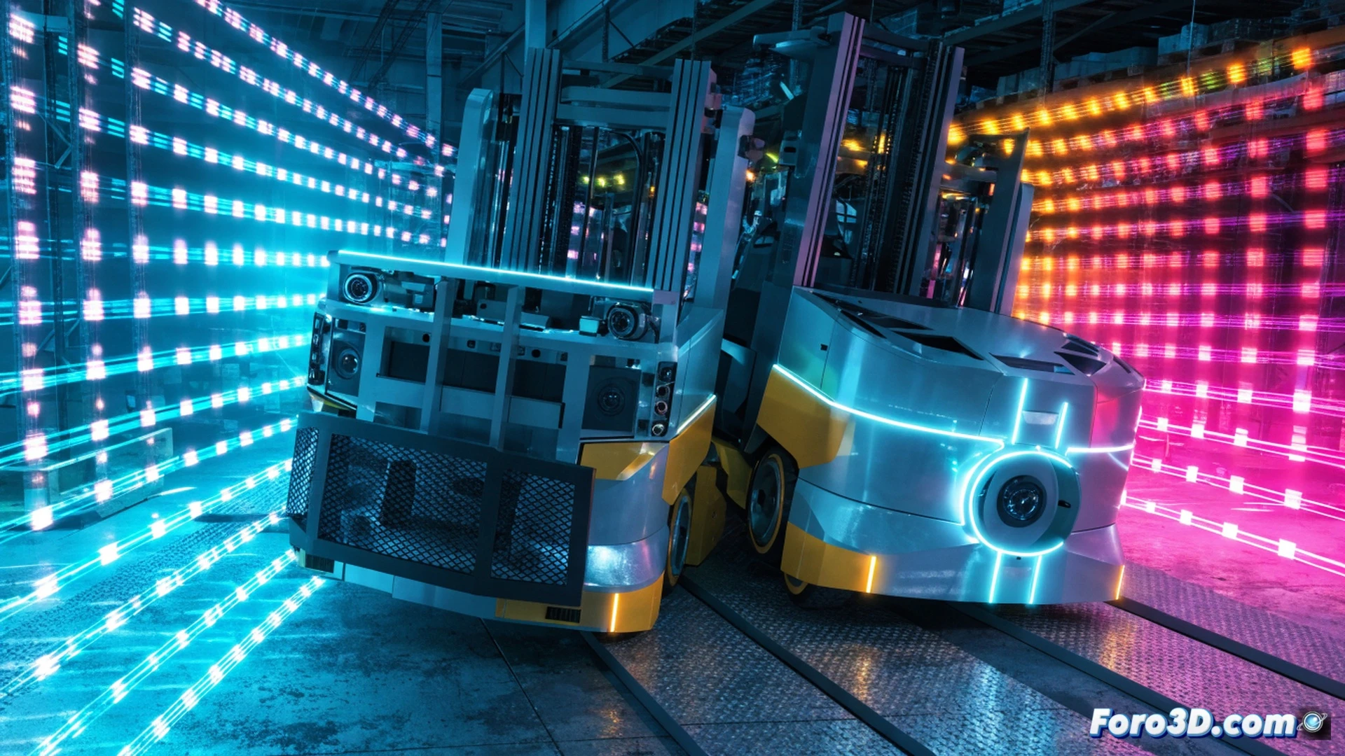 Autonomous forklift collision in a dim warehouse aisle, LED ceiling lights emitting rapid stroboscopic flashes, laser reflectivity mapping sensor beam hitting a pallet but misinterpreting strobe reflections as solid obstacles, forklift front wheel veering sharply while rear lifting forks scrape a metal rack, sparks flying from contact point, onboard navigation screen displaying distorted point cloud data with glowing false positives, cinematic engineering visualization, high contrast industrial lighting with blue and amber LED glare, photorealistic technical render, ultra-detailed mechanical components and sensor array