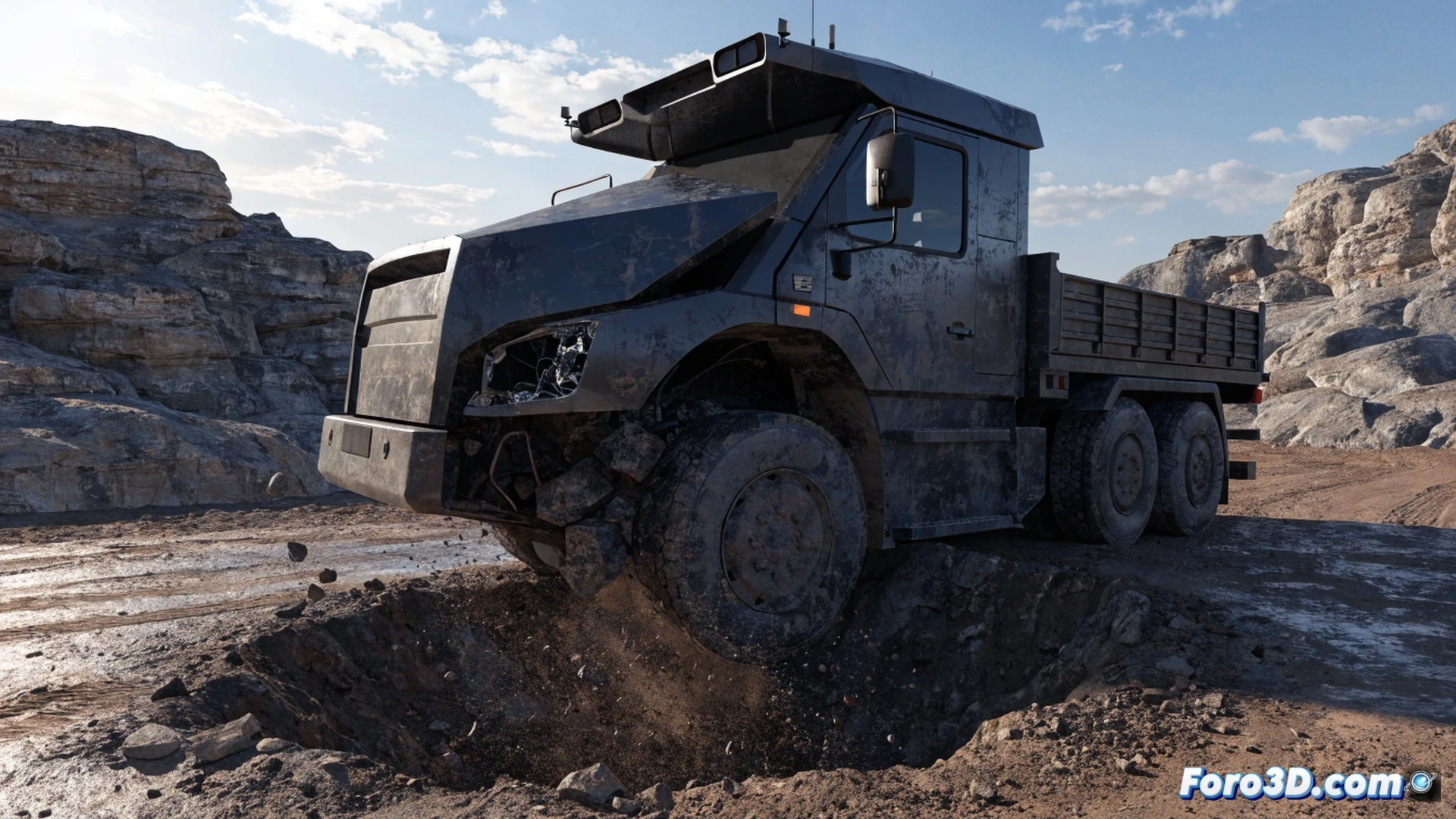 Autonomous mining truck traversing uneven terrain, front wheels hitting a large pothole causing sudden jolt, IMU sensor array mounted on chassis showing visible vibration and misalignment, trajectory deviation lines curving away from intended path, rear wheel collision with rocky wall, 3D reconstruction mesh from RealityCapture overlaying the scene, Carla Simulator interface visible on a remote operator screen showing sensor error data, cinematic engineering visualization, photorealistic metal textures, dust particles suspended in air, dramatic industrial lighting, ultra-detailed suspension components, technical illustration style