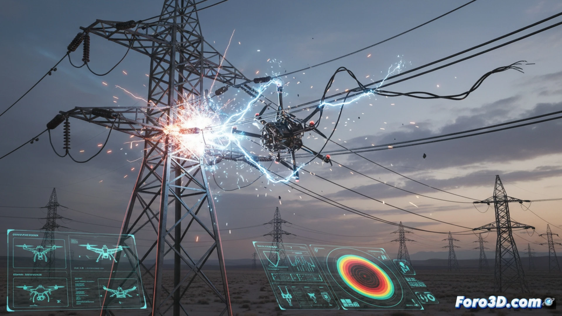 Simulación 3D de colisión de dron contra cables de alta tensión en torre eléctrica durante tormenta