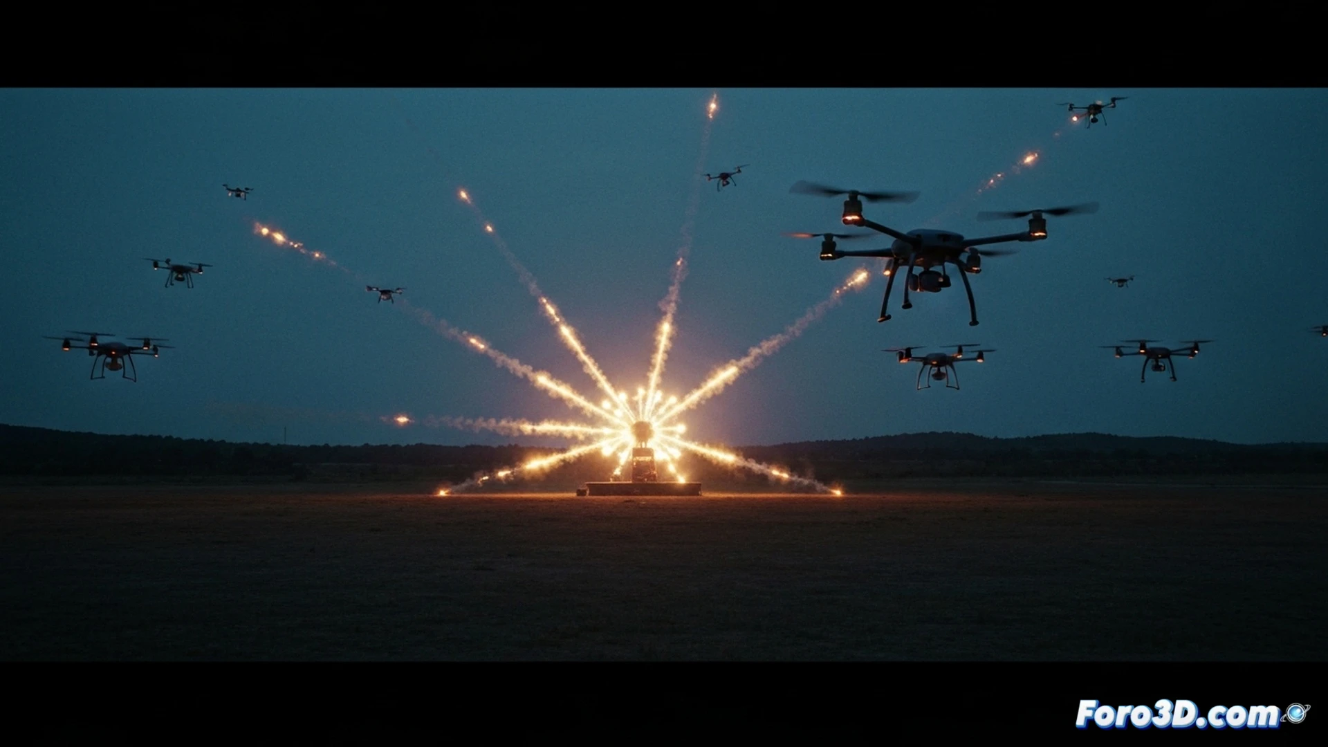 Aerial drone swarm collision during nighttime light show, multiple quadcopters veering off course mid-air, propellers shredding against each other, cascading LED lights flickering chaotically, broken drones falling in a tangled cascade, smoke trails from impact points, illuminated by erratic red and blue strobes, cinematic photorealistic technical visualization, dramatic motion blur, shattered carbon fiber fragments scattering, dark sky backdrop, glowing debris trails, realistic chaotic physics simulation, ultra-detailed rotor damage, high-contrast industrial lighting