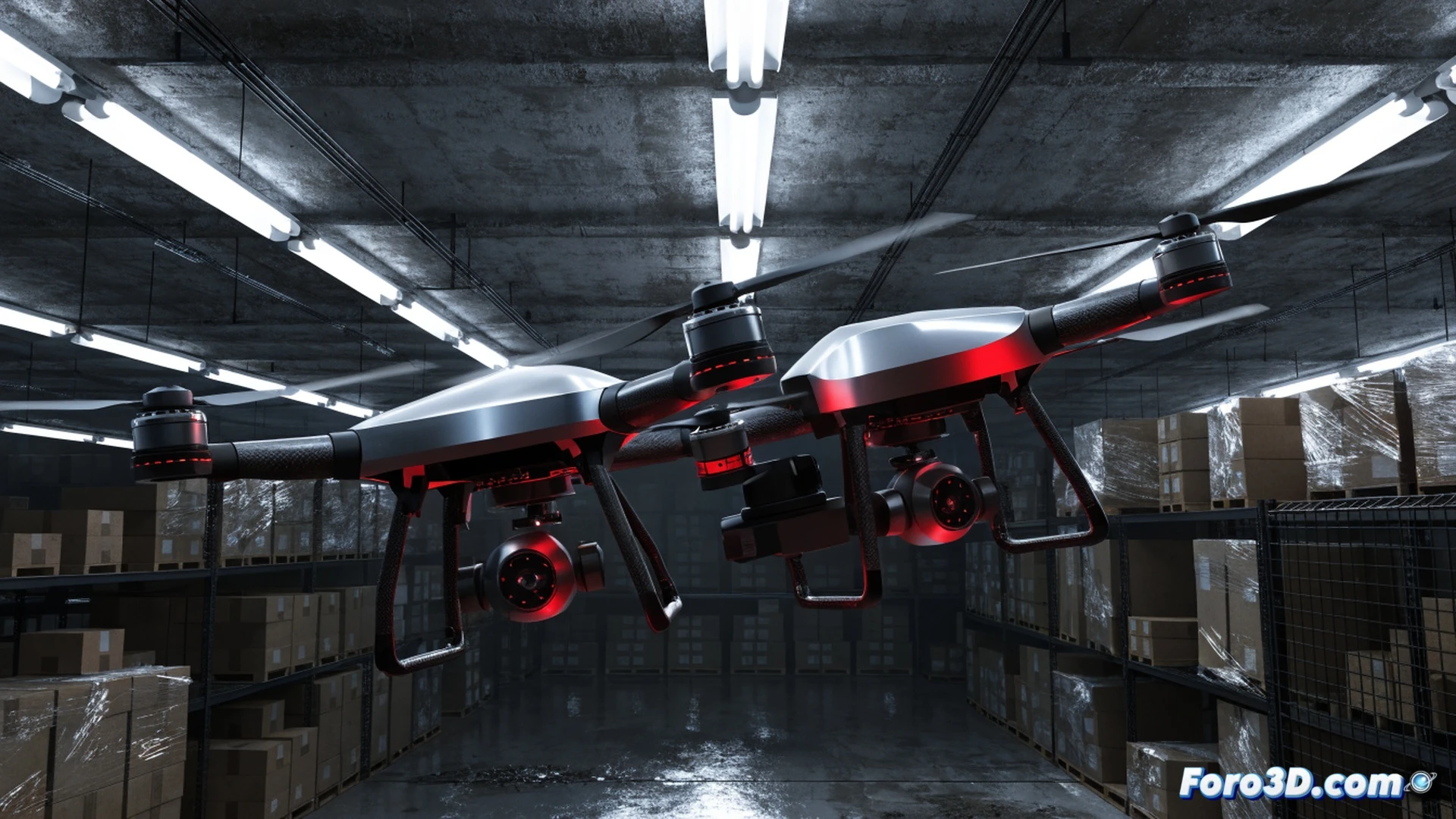 Two warehouse drones colliding mid-air in a dim industrial distribution center, optical flow sensor malfunction triggered by flickering fluorescent light above, one drone tilting sideways with broken propeller while the other drifts off course, ROS Gazebo simulation interface visible as translucent holographic overlay showing sensor data spikes and trajectory paths, CloudCompare point cloud analysis displayed on a nearby monitor, scattered inventory boxes on floor below, dramatic high-contrast lighting with cyan and amber tones, cinematic photorealistic engineering visualization, ultra-detailed drone components, motion blur and debris particles suspended in air, technical illustration style with glowing error indicators