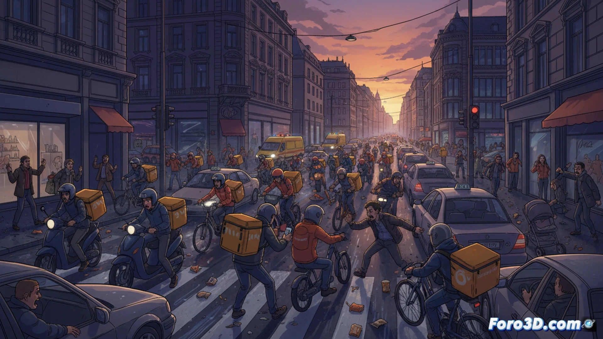 Urban delivery chaos scene, electric scooter and bicycle couriers colliding at a crowded intersection, smartphones with GPS maps glowing on handlebars, delivery bags flying open, packages scattering on asphalt, pedestrians dodging, traffic cones knocked over, rear brake lights flashing, helmet visors reflecting street signs, cinematic photorealistic style, dramatic golden hour lighting, motion blur on spinning wheels, dust particles suspended in air, chaotic energy visible in body language, ultra-detailed urban textures, realistic street reflections on wet pavement
