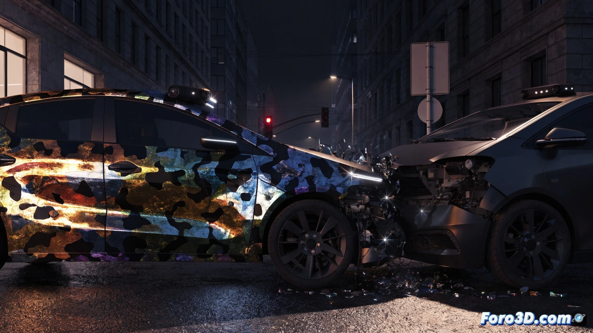 Autonomous taxi collision during urban navigation, reflective camouflage paint causing sensor misdetection, LIDAR beams scattering off a glossy metallic blue surface while cameras capture distorted reflections of surrounding buildings, taxi front bumper crumpling against a parked van, simulation environment showing wireframe overlays from RealityCapture and Carla Simulator, red error markers highlighting the paint region, cinematic engineering visualization, dramatic sunset lighting casting complex reflections, ultra-detailed vehicle body panels, photorealistic technical illustration