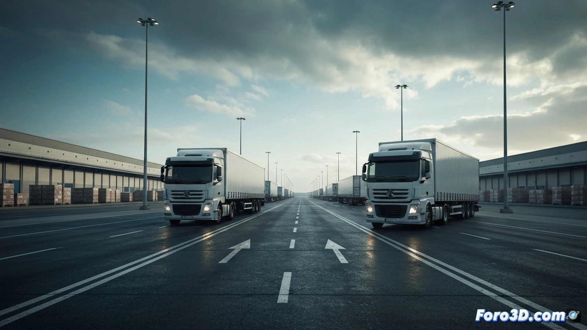 Two massive articulated trucks colliding at a warehouse loading dock, one overturned trailer spilling cardboard boxes, digital logistics dashboard screens showing red warning alerts and broken supply chain lines, warehouse workers frozen in panic, forklifts stopped mid-action, pallets stacked haphazardly, glowing GPS route lines tangling into a knot on a tablet screen, cinematic photorealistic technical illustration, dramatic industrial lighting with dust particles, metallic wreckage reflections, ultra-detailed mechanical damage, high-contrast shadows, action frozen in chaos.