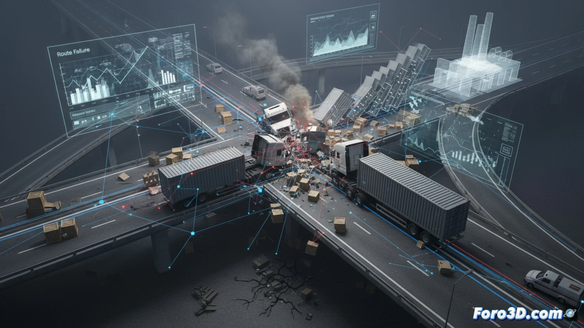 Reconstruccion 3D de colision entre camiones en nodo logistico con interrupcion de cadena de suministro