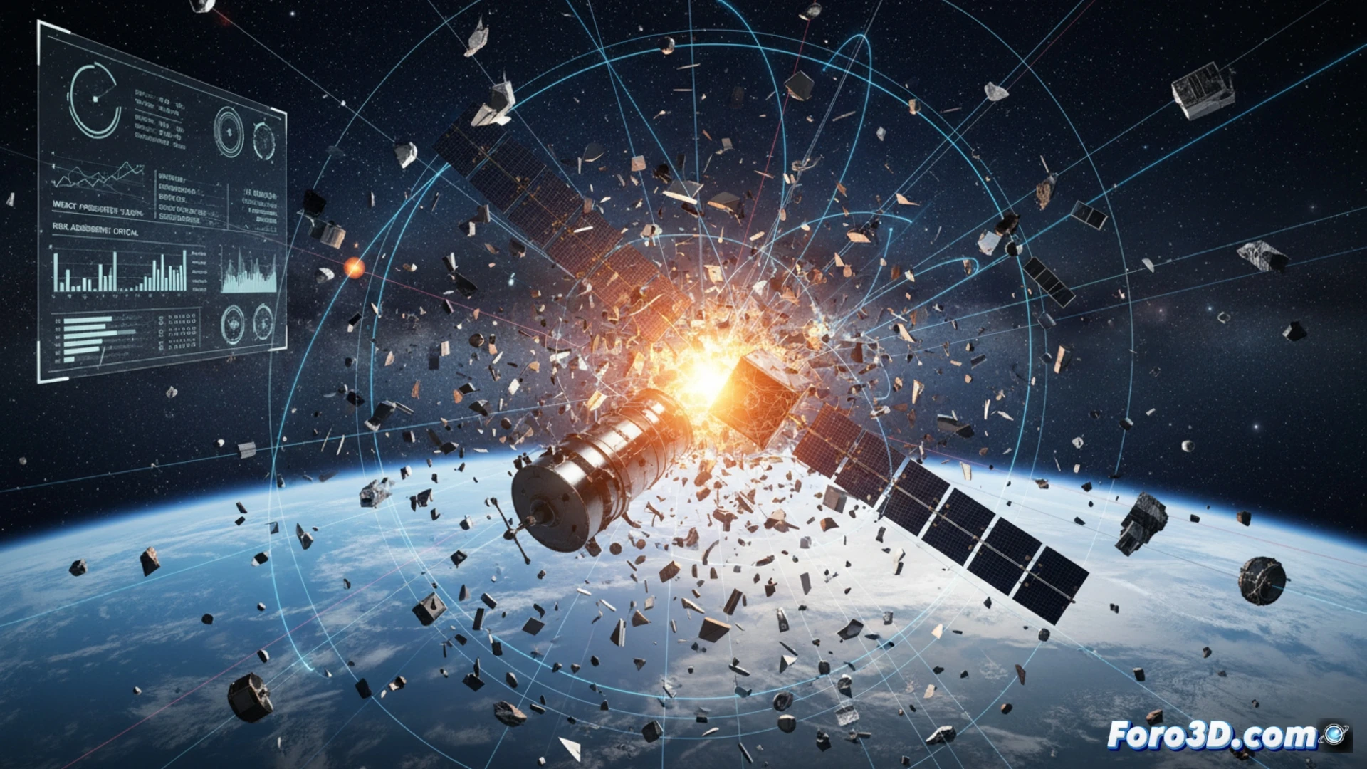 Simulación 3D de satélites y basura espacial en órbita terrestre baja con trayectorias de colisión y puntos de impacto