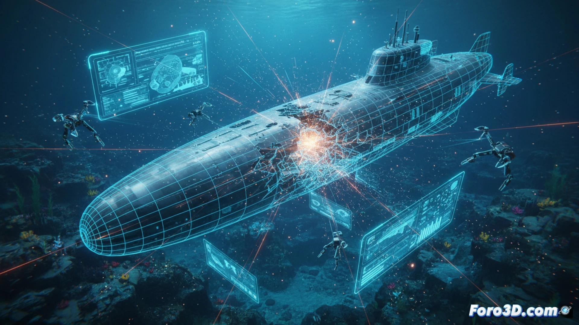 Modelo tridimensional de un submarino militar con zona de impacto resaltada en rojo sobre fondo oceánico oscuro