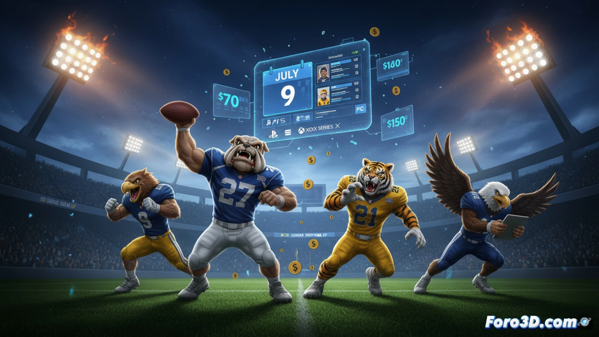 College football stadium interior during mascot takeover mode, team management interface glowing on sideline tablets, a costumed mascot sprinting across the field while holding a scholarship contract document, stadium jumbotron showing roster-building menus and NIL deal graphics, cinematic sports visualization, dynamic motion blur, realistic turf texture, dramatic stadium floodlighting, photorealistic technical render