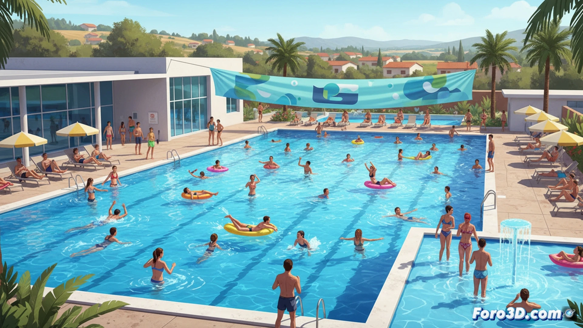 Piscina municipal al aire libre en Colmenar Viejo durante una mañana soleada de junio, bañistas entrando al agua desde el borde de la piscina, chorros de agua cayendo desde toboganes mientras niños chapotean, sombrillas y tumbonas alineadas en el césped circundante, señalización de socorrista en torre elevada, fotorealista, iluminación natural brillante, reflejos en la superficie del agua, ambiente veraniego vibrante, detalles de infraestructura técnica de filtración visible en sala de máquinas adyacente