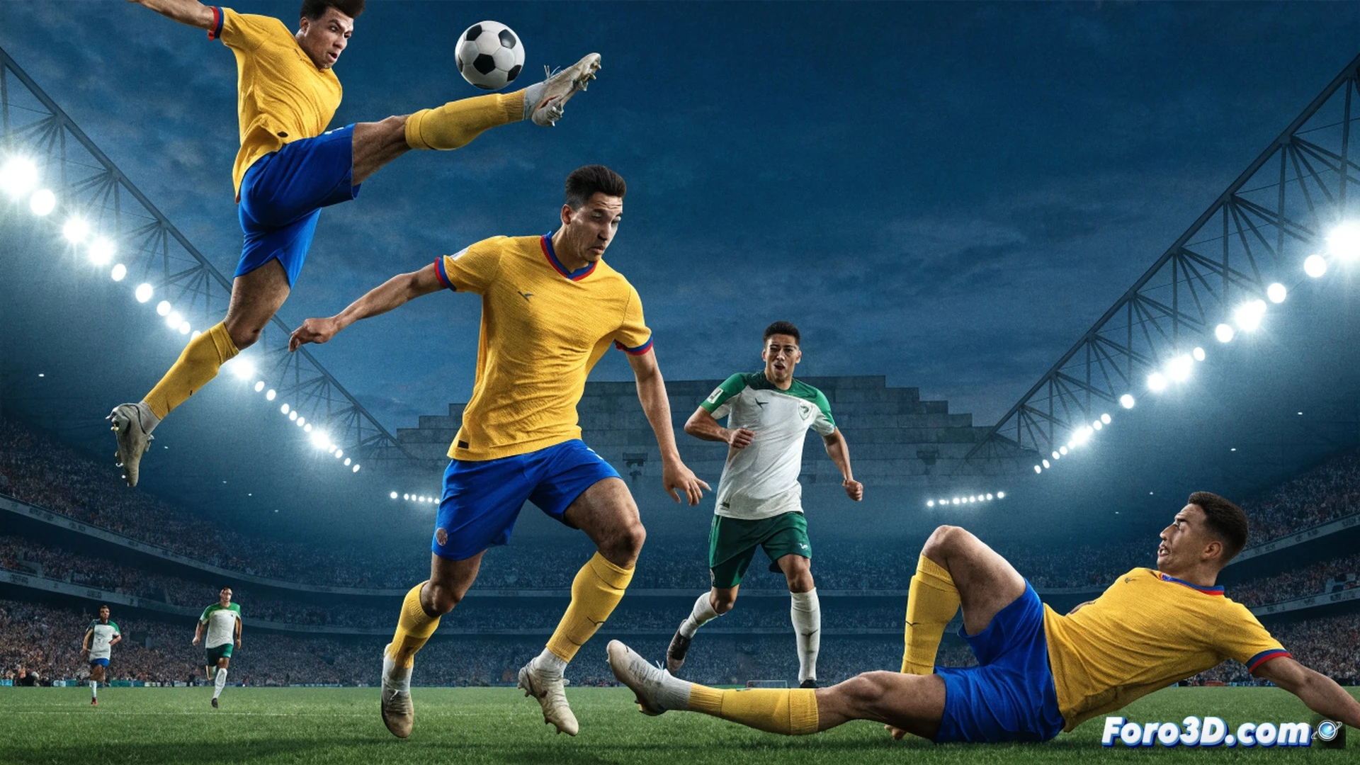 Colombian footballer in yellow jersey mid-kick striking a soccer ball towards goal, ball curving past Uzbekistani defender in white, Estadio Azteca stands blurred in background, green grass pitch, dynamic motion capture pose, muscle tension visible in kicking leg, sweat droplets frozen in air, photorealistic cinematic sports photography, dramatic stadium floodlighting, high-speed action frozen moment, ultra-detailed fabric texture and boot studs, shallow depth of field, vibrant team colors contrasting against dark crowd