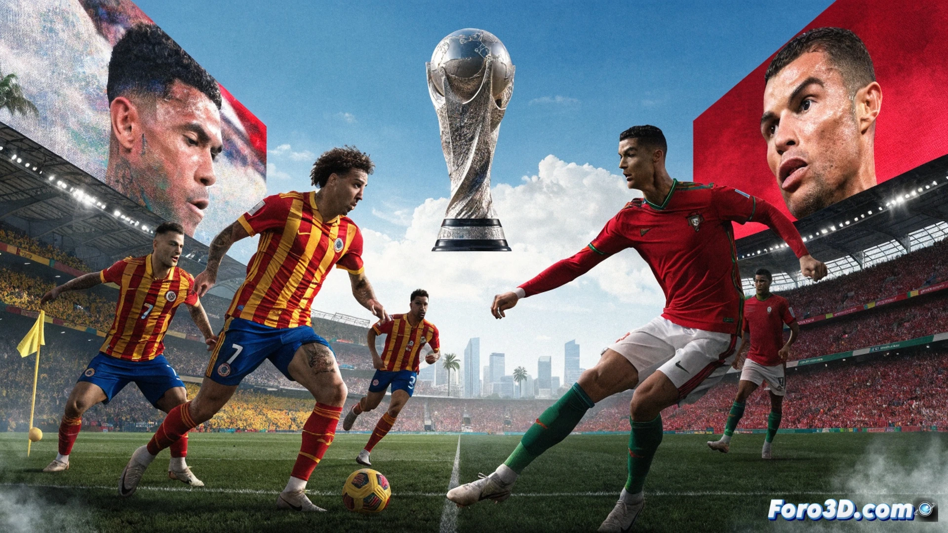 Colombian football players in yellow jerseys sprinting toward goal, Portuguese defenders in red blocking a powerful shot, ball mid-air near penalty area, Miami stadium crowd blurred in background, grass field with shadow patterns from floodlights, tactical diagram overlay faintly showing Ghana and Croatia flags on horizon, photorealistic cinematic sports visualization, dynamic motion blur, dramatic evening lighting, sweat droplets visible, intense facial expressions, ultra-detailed stadium architecture, high-contrast action freeze-frame