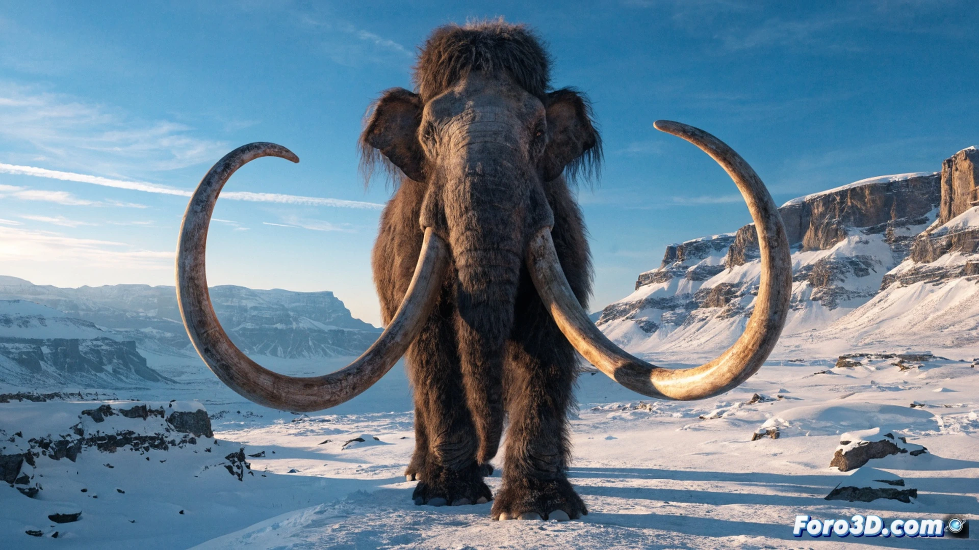 A scientist in a sterile lab using a CRISPR gene-editing interface on a holographic display, a frozen woolly mammoth carcass suspended in cryogenic mist behind them, DNA strands glowing in neon blue and orange while being spliced, petri dishes with cell cultures and sequencing machines in the background, photorealistic cinematic technical illustration, dramatic cold lighting, frost on metal equipment, precise glowing laser beams cutting through genetic material, ultra-detailed molecular structures, high-contrast shadows, sterile white and ice-blue color palette