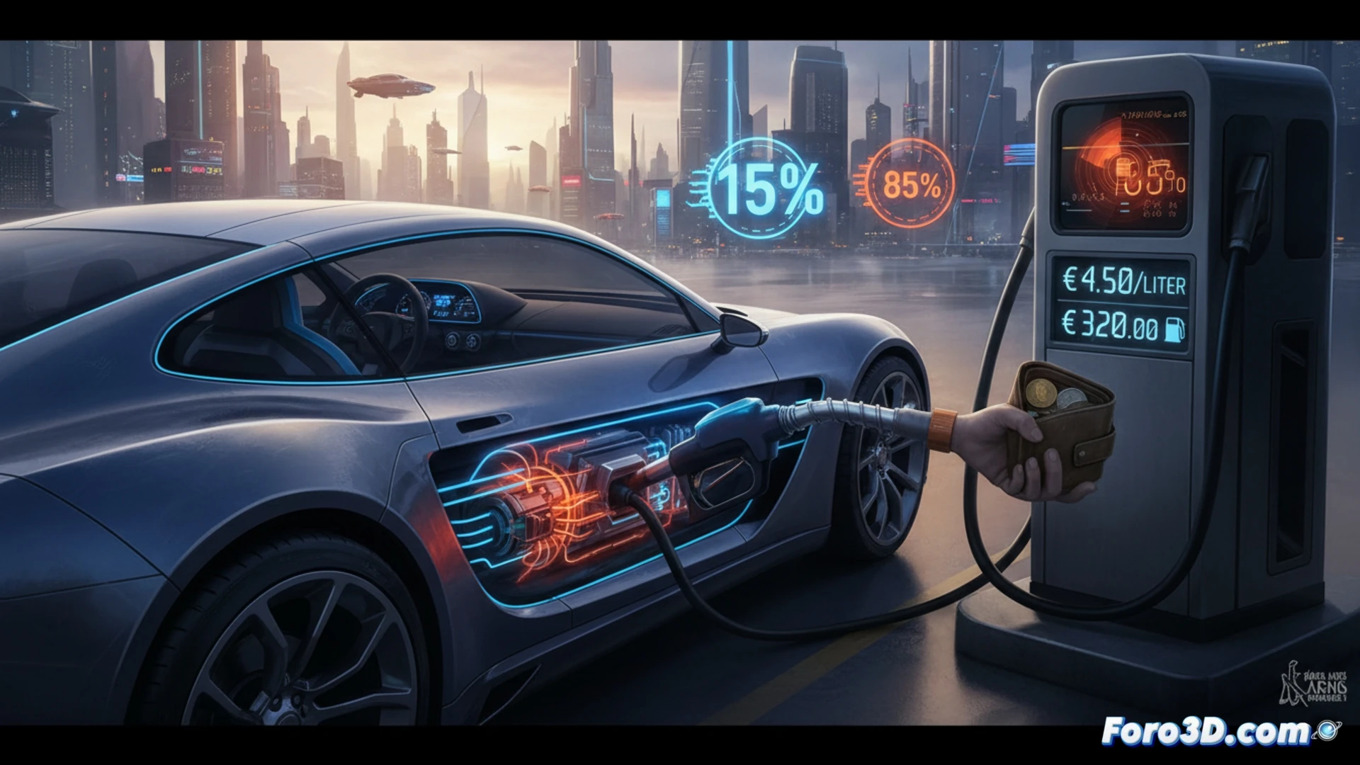 Photorealistic technical illustration of a car fuel tank being filled with synthetic fuel, transparent hose showing glowing orange liquid, a giant digital efficiency meter beside the pump displaying 15 percent conversion rate while 85 percent dissipates as heat waves and chemical waste symbols, a wallet with torn euro notes falling into a drain beneath the nozzle, cinematic dramatic lighting, industrial gas station environment, metallic pump with cracked glass display showing 300 euro price, ultra-detailed mechanical components, realistic fuel flow dynamics, engineering visualization style