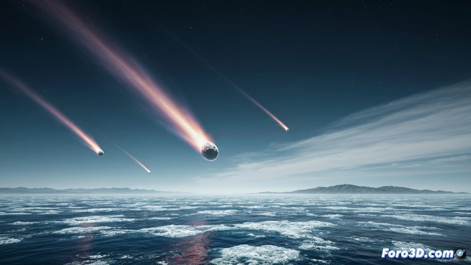 giant comet fragment entering ocean at high speed, massive splash of ice-cold freshwater mixing with saltwater, underwater thermohaline circulation currents visibly slowing and fragmenting, glowing salinity gradient lines shifting from blue to pale white, deep ocean layers showing disruption of density-driven flow, floating icebergs dispersing across dark sea surface, cinematic scientific visualization, photorealistic oceanography render, dramatic lighting from above, ultra-detailed water caustics and particle trails, realistic fluid dynamics simulation style