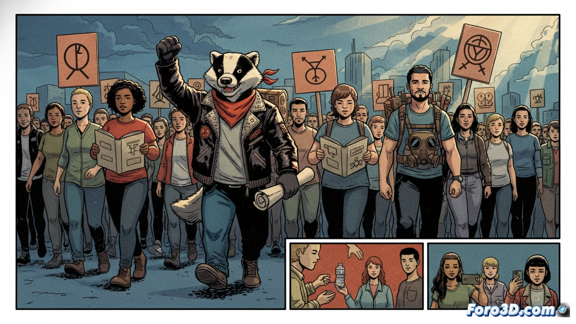 A comic book open on a desk, showing a page with a badger character wearing a bandana and holding a smartphone with a safety app interface visible, surrounded by scattered protest gear like goggles, a first-aid kit, and a portable charger, while another page displays a map with marked safe routes and communication icons, cinematic editorial illustration, warm desk lamp lighting, photorealistic paper texture, detailed ink linework, dramatic shadows, hyperrealistic rendering