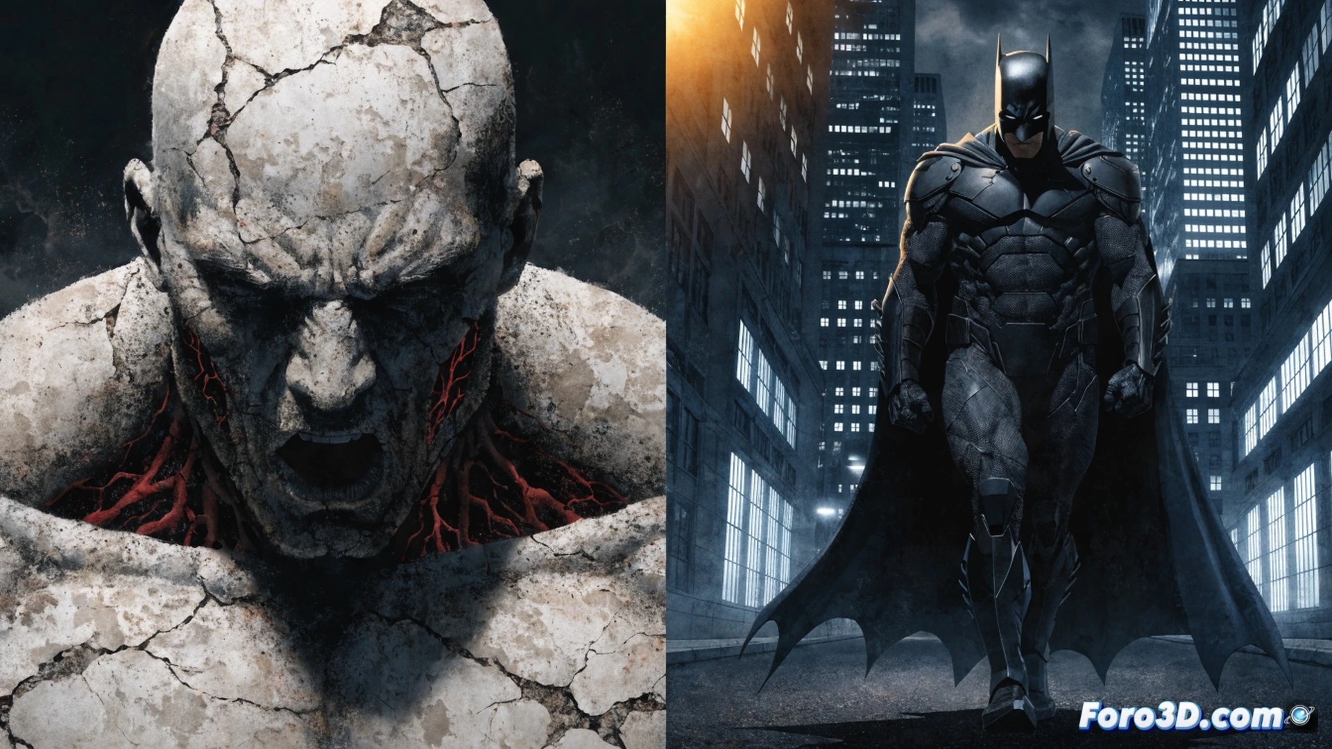 two comic book covers floating in mid-air, left cover showing a muscular man with stone-textured skin emerging from a cracked sidewalk, right cover displaying a dark silhouette of Batman against a glowing city skyline, scattered dollar bills with 3.99 and 4.99 values drifting between them, a digital tablet displaying comic panel layouts with a stylus hovering over a sketch of a dramatic fight scene, cinematic technical illustration, dramatic spotlight lighting illuminating the covers from above, photorealistic render, detailed paper texture and ink reflections, action of covers flipping open while a mechanical arm draws a new panel on the tablet, demonstrating the creative process of comic production