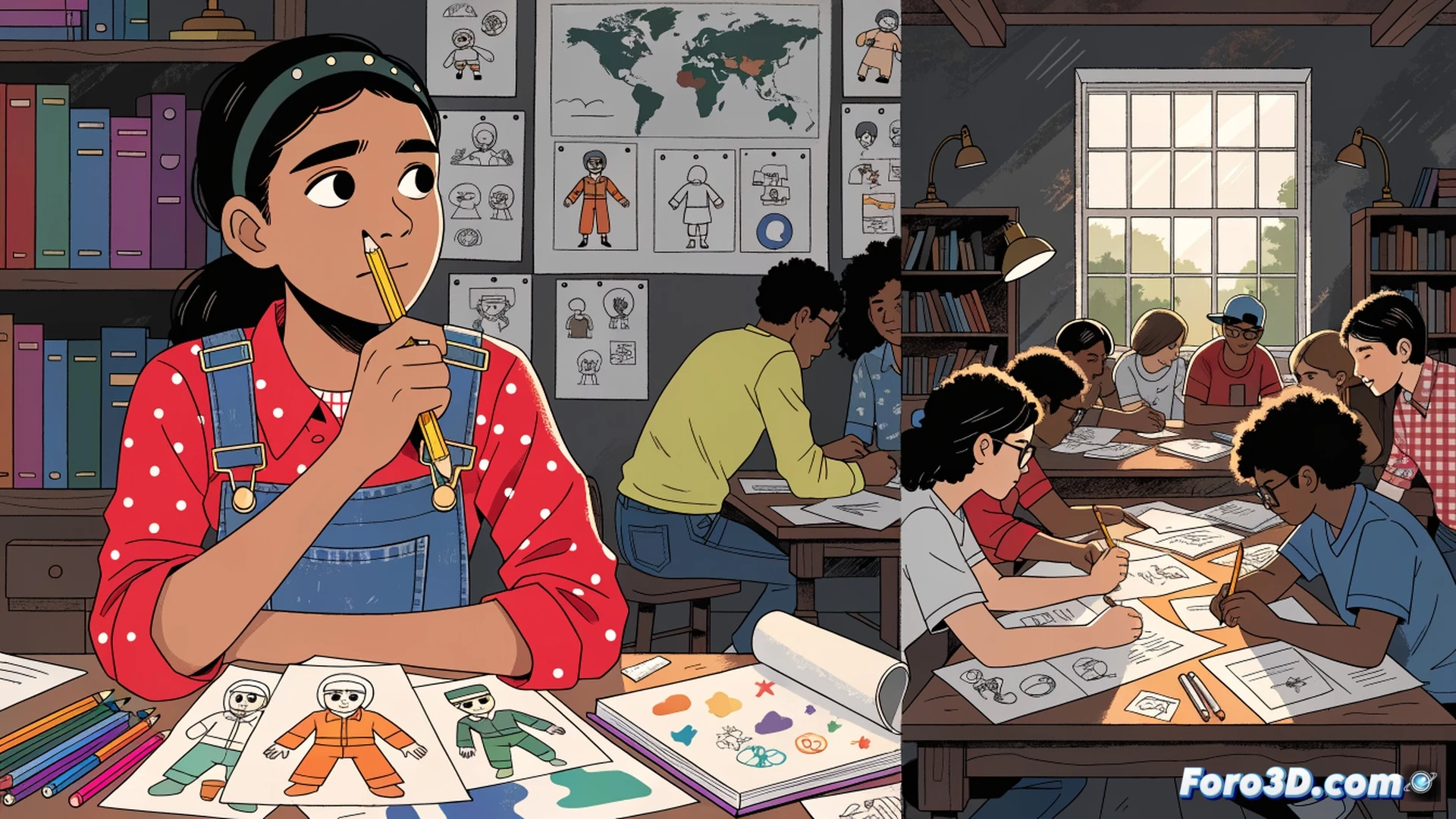 adolescentes dibujando cómics en tabletas gráficas, viñetas mostrando paneles solares y árboles creciendo, niños de primaria observando fascinados mientras un profesor salesiano señala un boceto, lápices digitales sobre pantallas táctiles, ilustración técnica educativa con estilo semi-realista, luz natural de aula iluminando mesas colaborativas, fondo con pizarra y carteles de ODS, colores vibrantes y trazos nítidos, composición dinámica con acción de enseñanza-aprendizaje visible