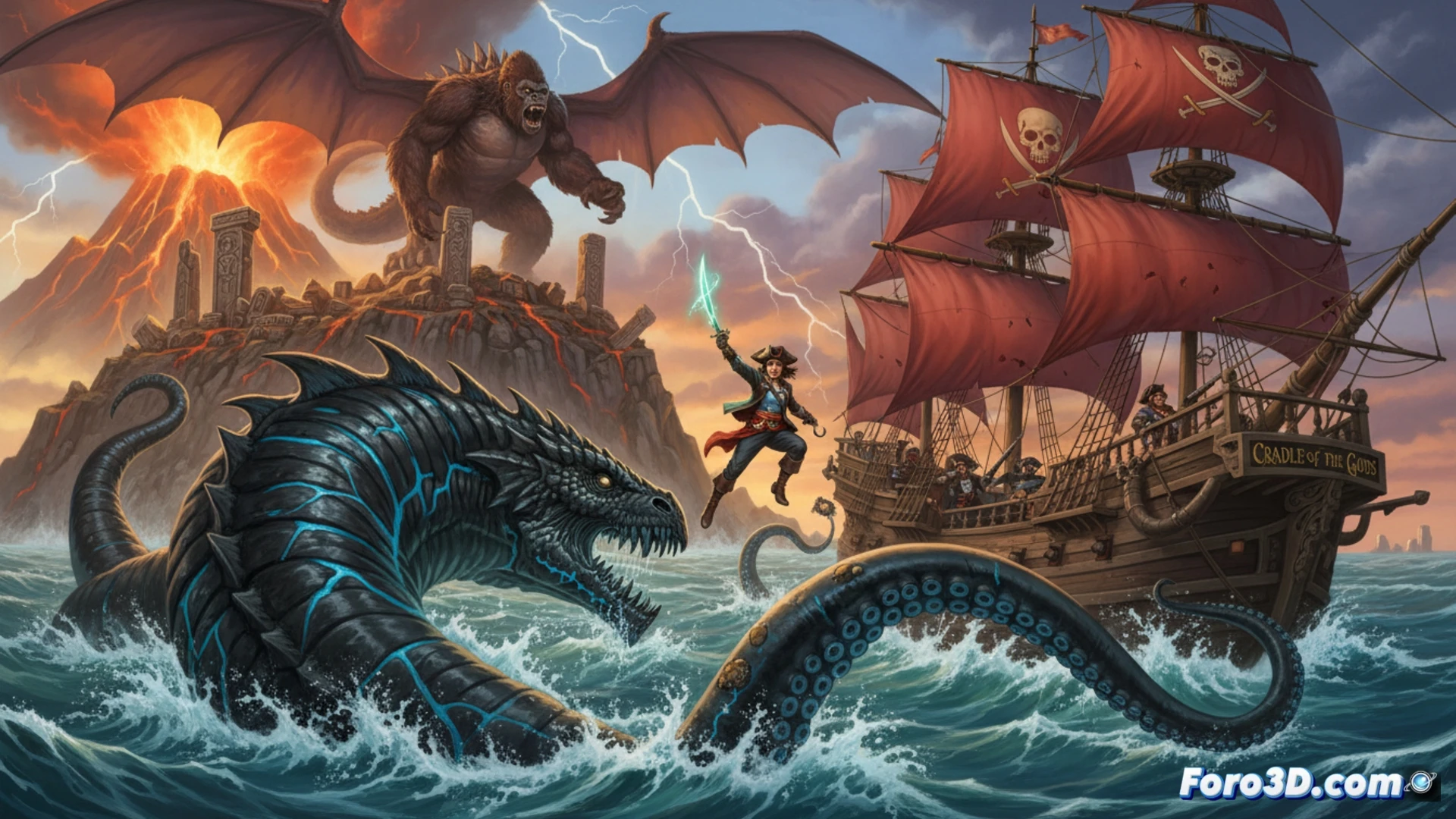 A pirate ship sailing through a stormy sea, a glowing kraken tentacle emerging from the waves, clutching a comic book and a hardcover art book, while a treasure chest filled with gold coins and a crowdfunding progress bar floats nearby, cinematic fantasy illustration, dramatic lightning, dark teal and gold lighting, ultra-detailed wood textures on the ship, tentacle with bioluminescent suction cups, coins scattering in the wind, photorealistic fantasy render
