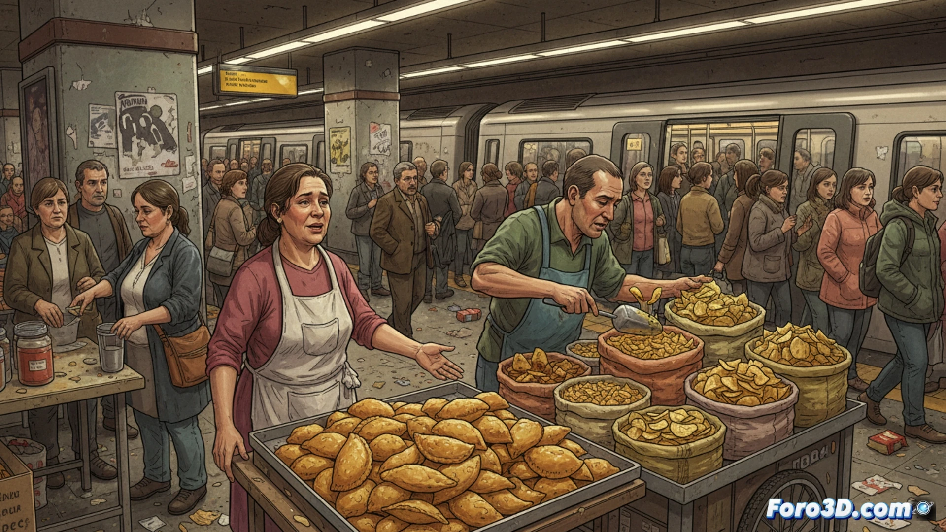 Metro station platform crowded with commuters, an unlicensed vendor handing foil-wrapped empanadas to passengers from a plastic cooler, another immigrant vendor slicing potatoes with a rusty knife near the ticket machines, no hygiene barriers visible, contrasting with a distant licensed café displaying official health certificates, surveillance cameras on ceiling but no security intervention, cinematic photorealistic style, harsh fluorescent lighting, gritty urban textures, palpable tension in the scene, ultra-detailed food surfaces and metro infrastructure