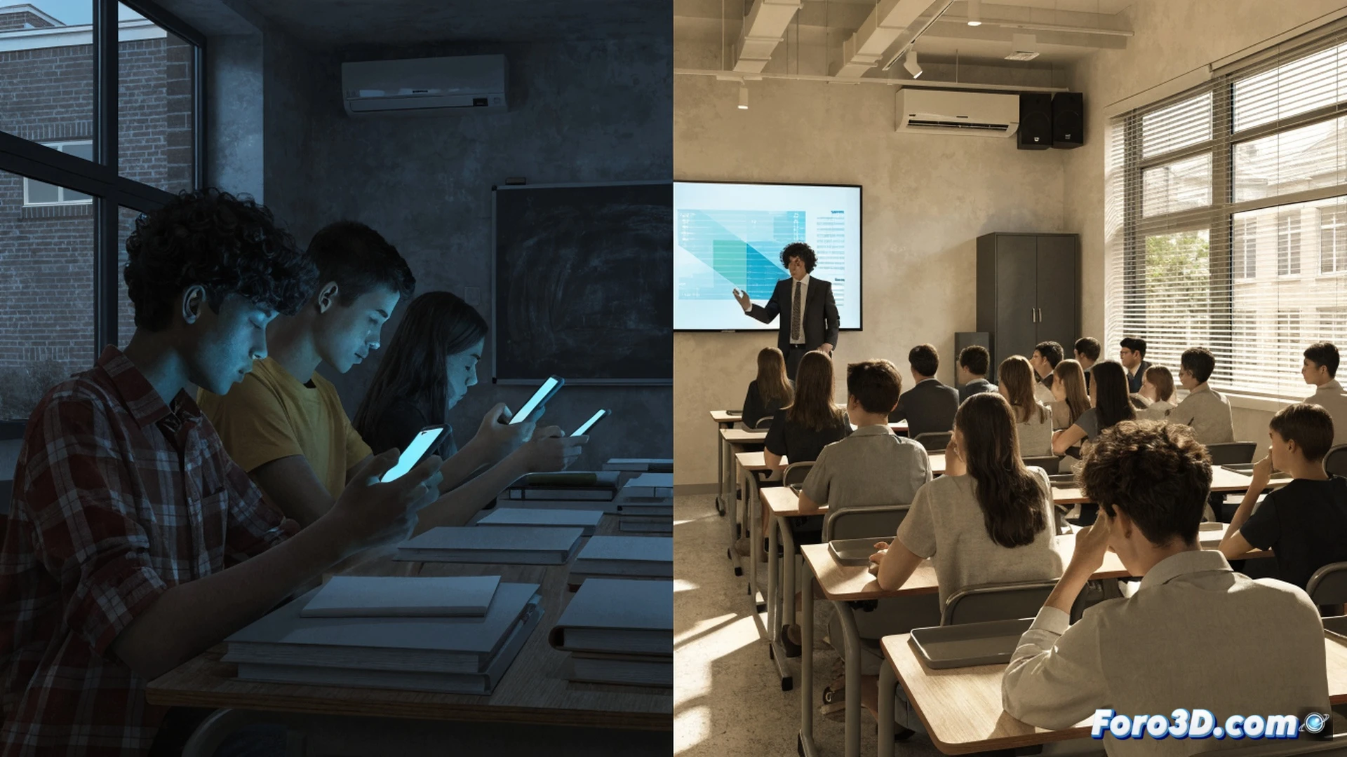 middle school classroom scene, students aged 11-12 sitting at desks, a teacher standing at the front holding a tablet, students with empty hands and closed backpacks, a large wall clock showing class time, chalkboard with lesson notes, soft natural light from windows, no phones visible, focused expressions, collaborative learning posture, cinematic educational photography style, warm earthy tones, clean modern school interior, photorealistic detail, subtle depth of field, organized desks with notebooks and pencils only, calm studious atmosphere