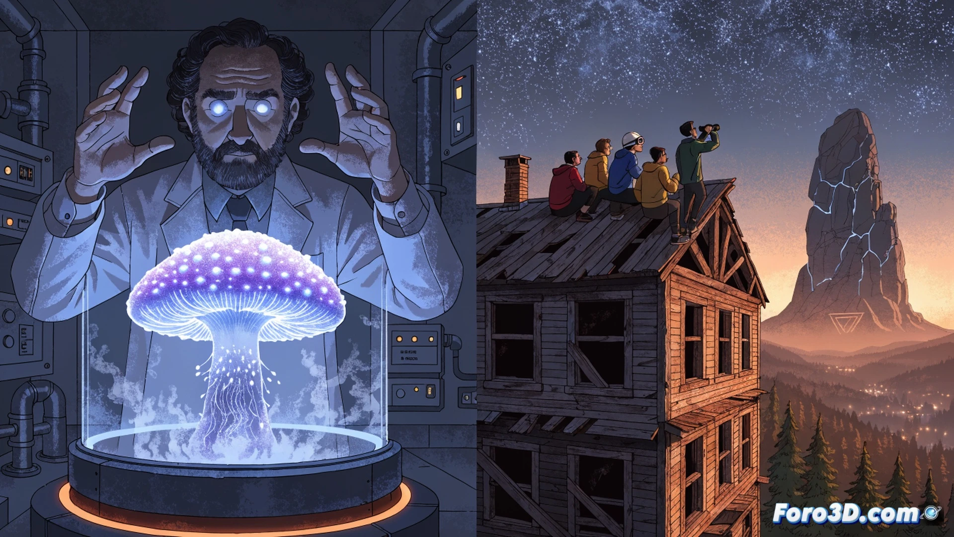 animated series scene, a scientist in a makeshift laboratory examining a glowing blue mushroom under a high-powered microscope, laboratory equipment including petri dishes and beakers with fungal samples, a wall covered in complex biological diagrams and chemical formulas, a character in the background monitoring a computer screen displaying DNA sequences and molecular structures, dim green and blue ambient lighting from bioluminescent fungi, cinematic 3D animation style with cel-shaded outlines, detailed textures on lab equipment and organic materials, dramatic shadows highlighting the contrast between nature and technology, photorealistic technical illustration