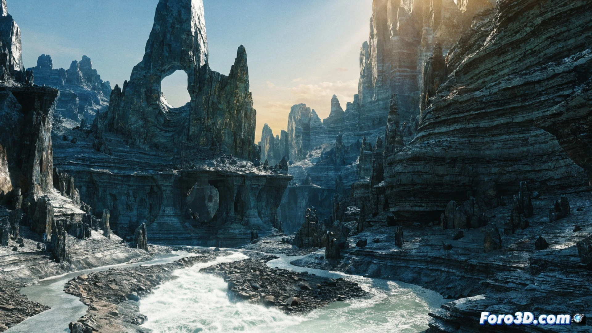 cinematic visualization of a digital artist sculpting a hyper-realistic mountain range on a curved monitor, while a simulated river flows with glowing particle trails through a virtual canyon, hand moving a stylus over a graphics tablet, software interface showing wireframe topography and fluid dynamics nodes, dark studio with blue screen backlighting, photorealistic technical render, dramatic side lighting on keyboard and mouse, ultra-detailed textures on workstation desk