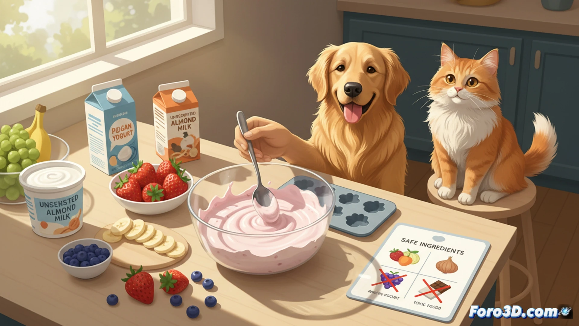 Close-up of a dog licking a homemade frozen treat from a silicone paw-shaped mold, owner’s hand holding the mold, melting fruit-yogurt mixture dripping onto a shaded terrace floor, bright summer sunlight casting soft shadows, wooden background, fresh fruit pieces scattered nearby, cinematic photorealistic style, shallow depth of field, warm natural lighting, high detail on frozen texture and dog’s tongue, action of cooling and feeding during hot afternoon