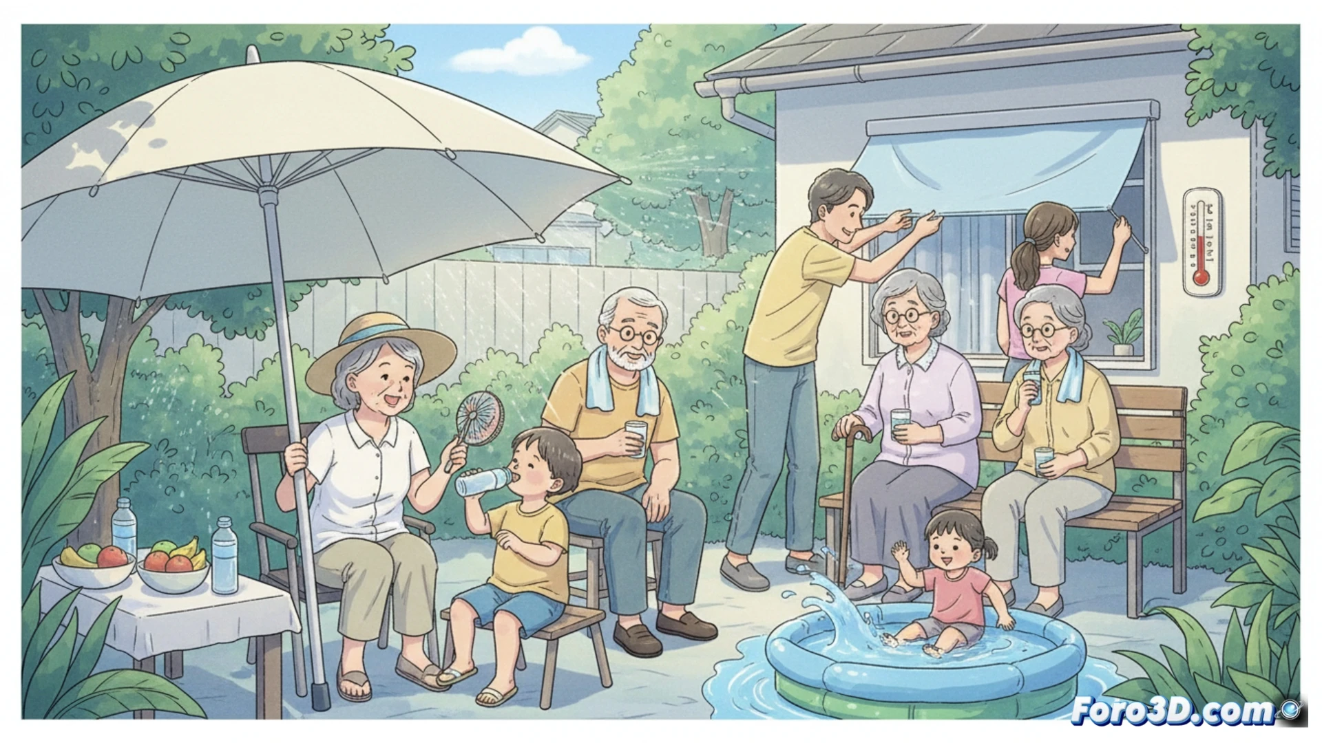 family sitting in a shaded living room during extreme heat, elderly woman drinking water while a child rests nearby, digital thermometer on wall showing high temperature, fan circulating air, open laptop displaying weather alert, sunlit window with closed blinds, photorealistic technical illustration, warm amber lighting contrasting with cool blue shadows, detailed skin texture showing sweat droplets, realistic home environment, medical infographic style, soft focus background, cinematic depth of field