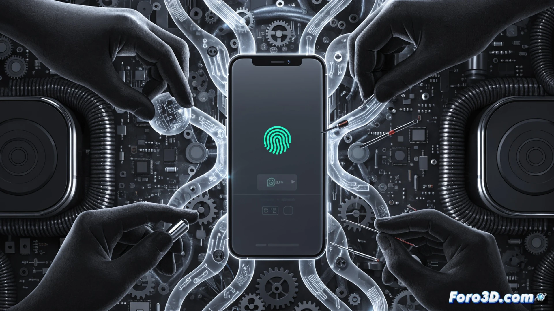 smartphone screen showing WhatsApp verification code input, finger pressing send button, second phone receiving new code notification, laptop with open email to support at whatsapp dot com, red warning icon floating above, chain-link icons breaking apart, technical cybersecurity illustration, cinematic lighting with blue and red tones, dark background with glowing UI elements, photorealistic digital device render, action sequence showing recovery process, urgent atmosphere with motion blur on typing fingers, high-angle shot of desk workspace