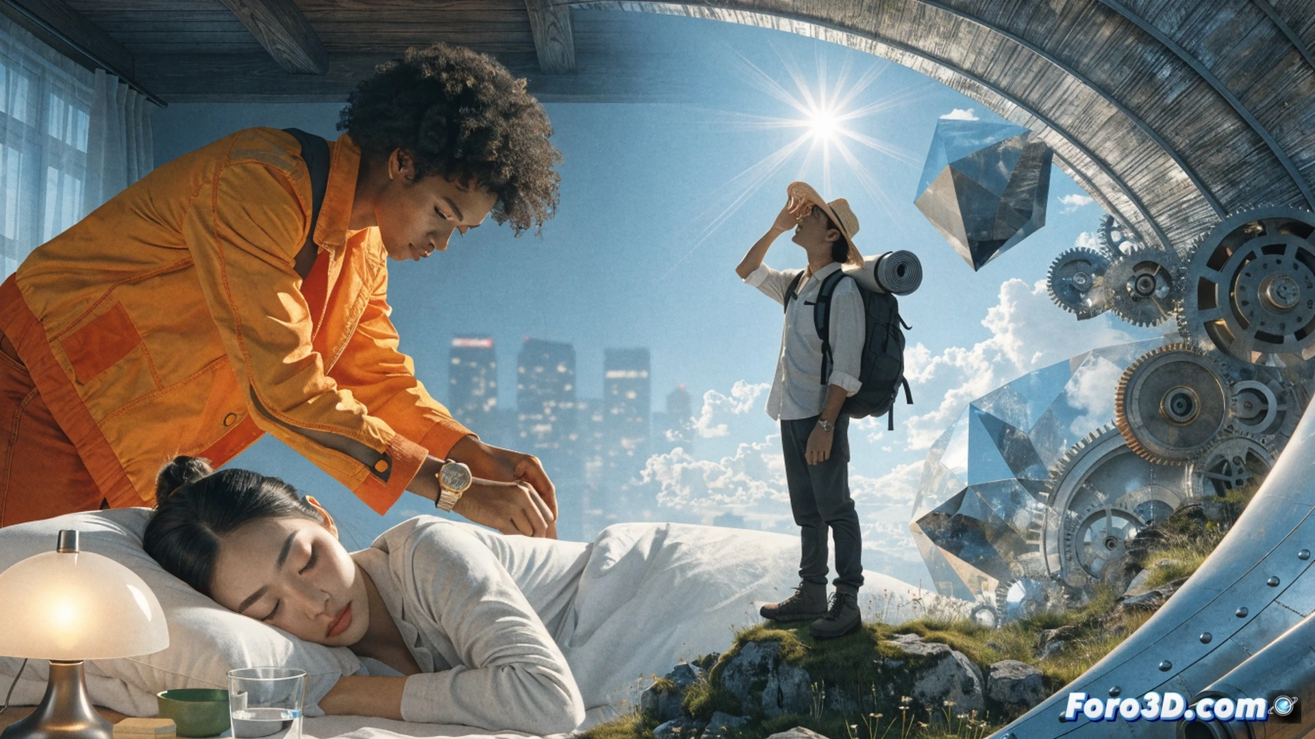 photorealistic travel scene, a person sitting by a bright hotel window at dawn, sunlight streaming onto their face while holding a glass of water, a digital smartwatch showing a circadian rhythm graph with resetting sleep schedule, background showing a world map with time zones and a travel itinerary checklist, action of drinking water while eyes adjusting to natural light, calm morning atmosphere, soft golden lighting, technical visualization of biological clock resetting process, clean minimalist style, ultra-detailed skin texture and watch screen, cinematic composition